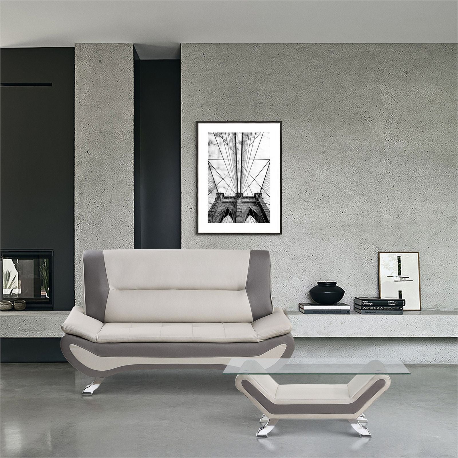 Beige and Gray Faux Leather Loveseat R6280
