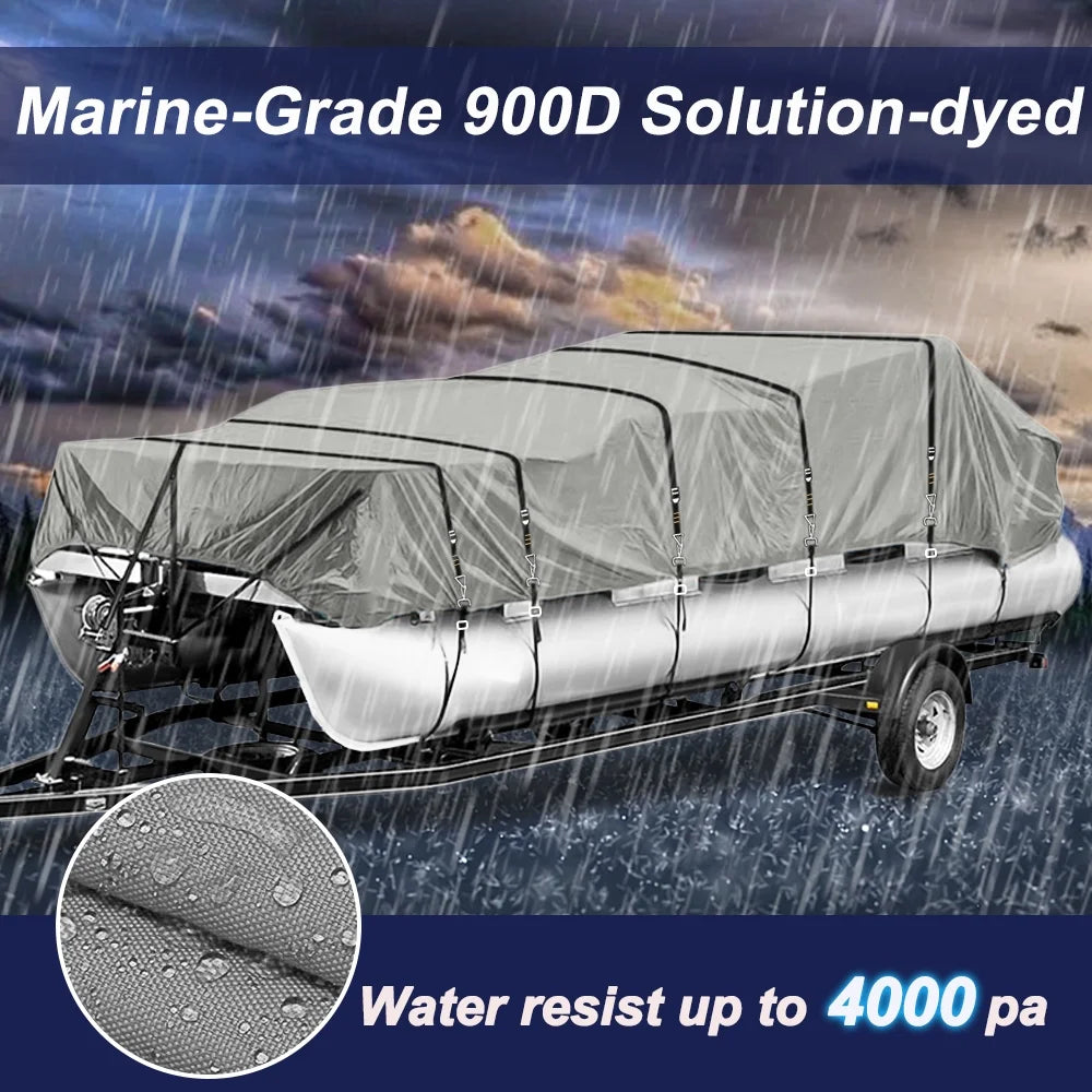 900D Waterproof Pontoon Boat Cover with Windproof Metal Buckle Straps C394