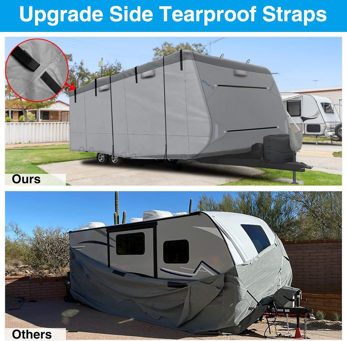 Heavy Duty RV Cover with 4 Tire Covers, Tongue Jack Cover, 2 Extra Straps, Gutter Cover V919