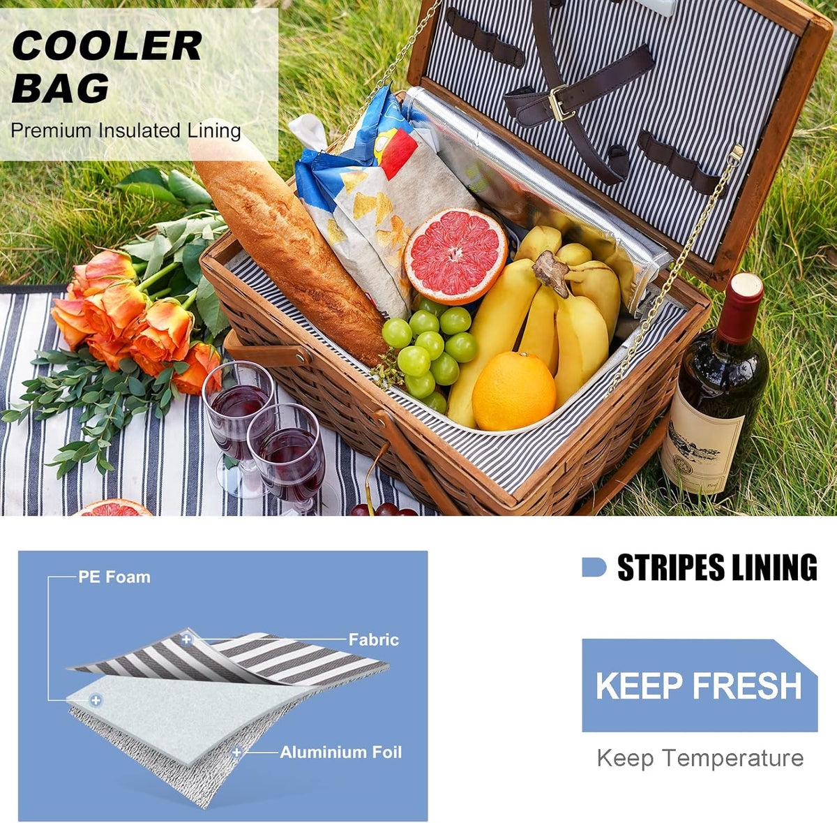 Picnic Basket Set with Insulated Cooler, Woven Basket with Double Folding Handles O81512