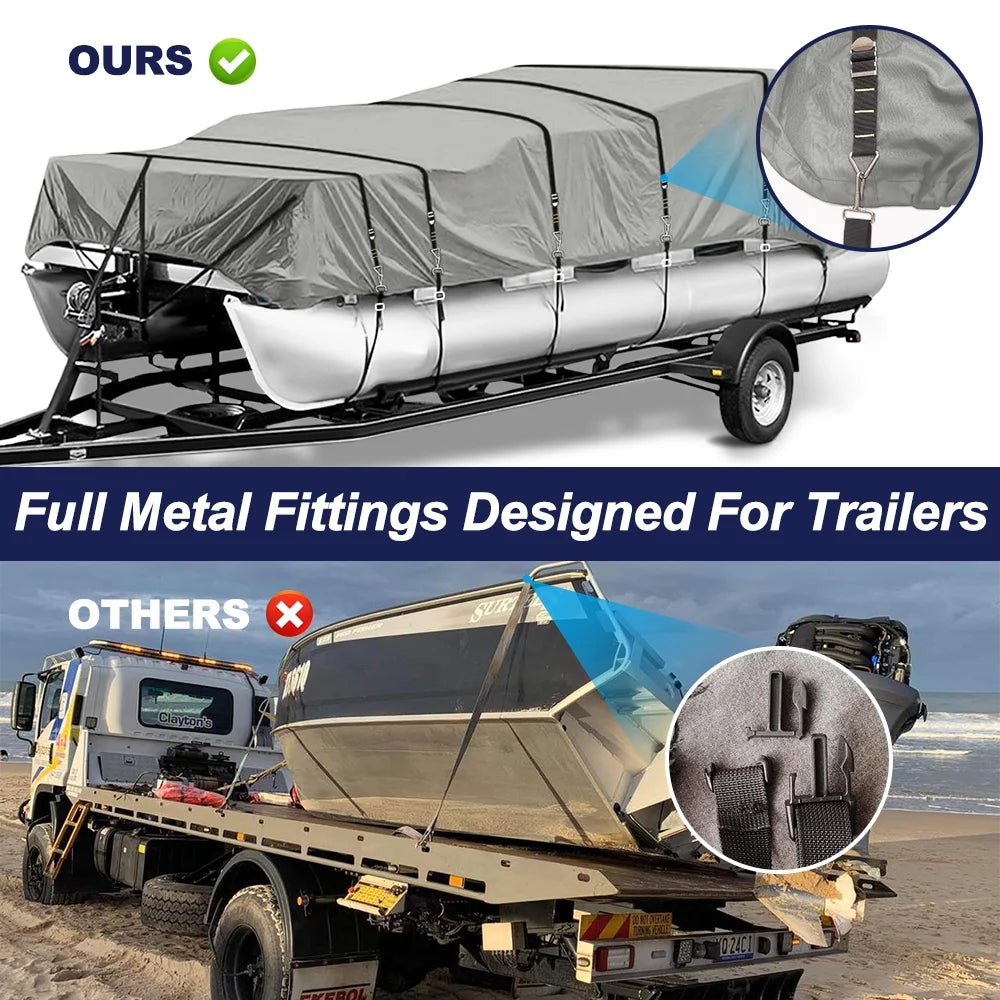 900D Waterproof Pontoon Boat Cover with Windproof Metal Buckle Straps C394