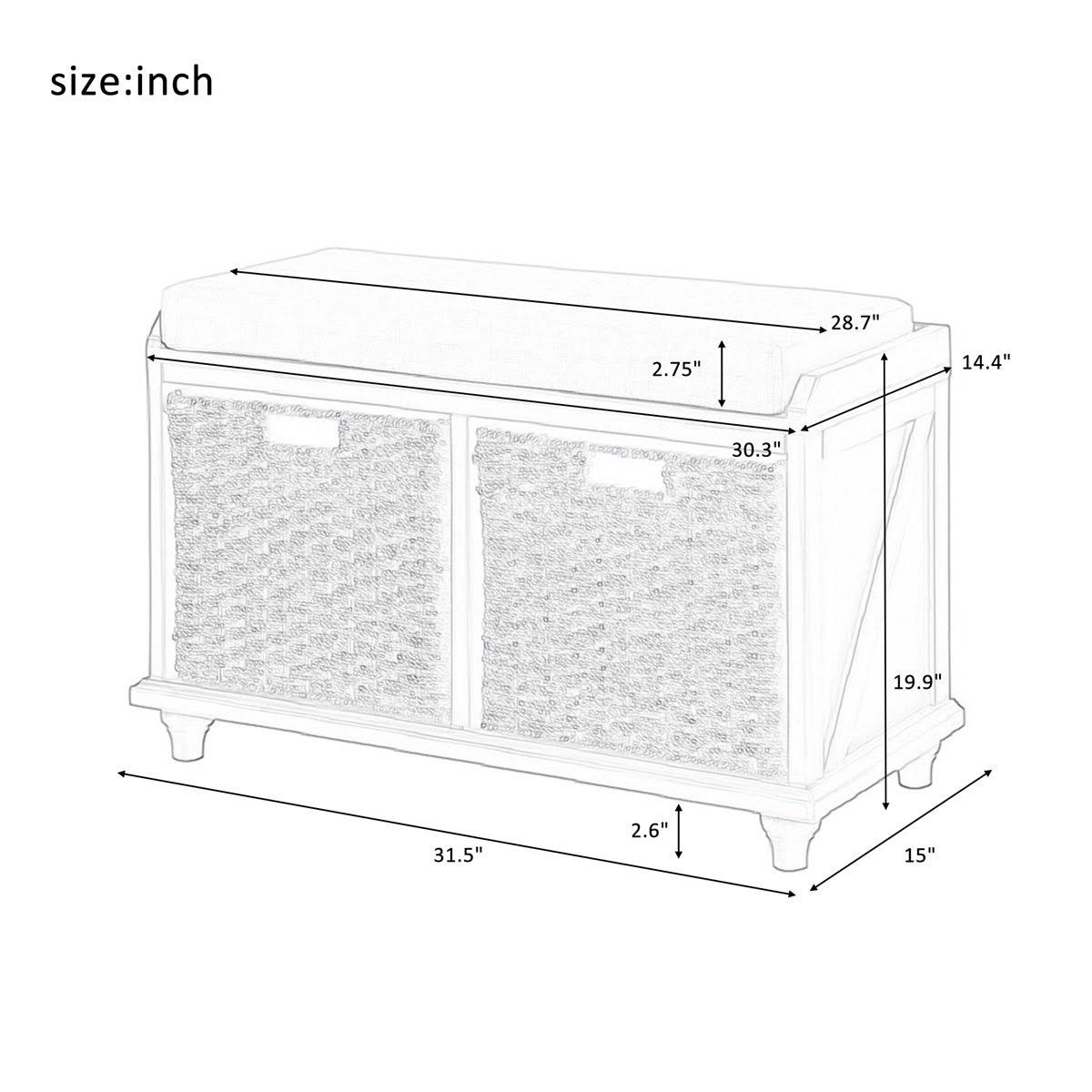 White Wood Storage Bench with 2 Woven Baskets M606377