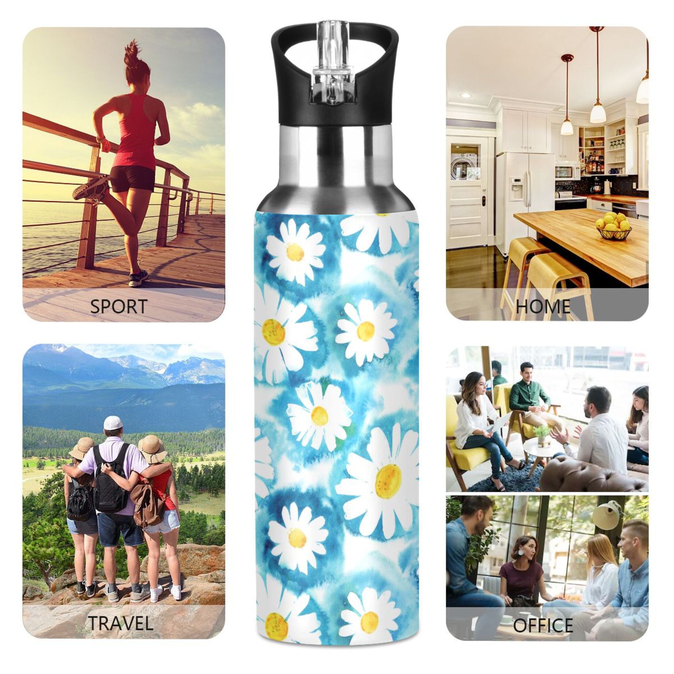 Blue Stainless Steel Insulated Water Bottle with Straw Lid Z6470
