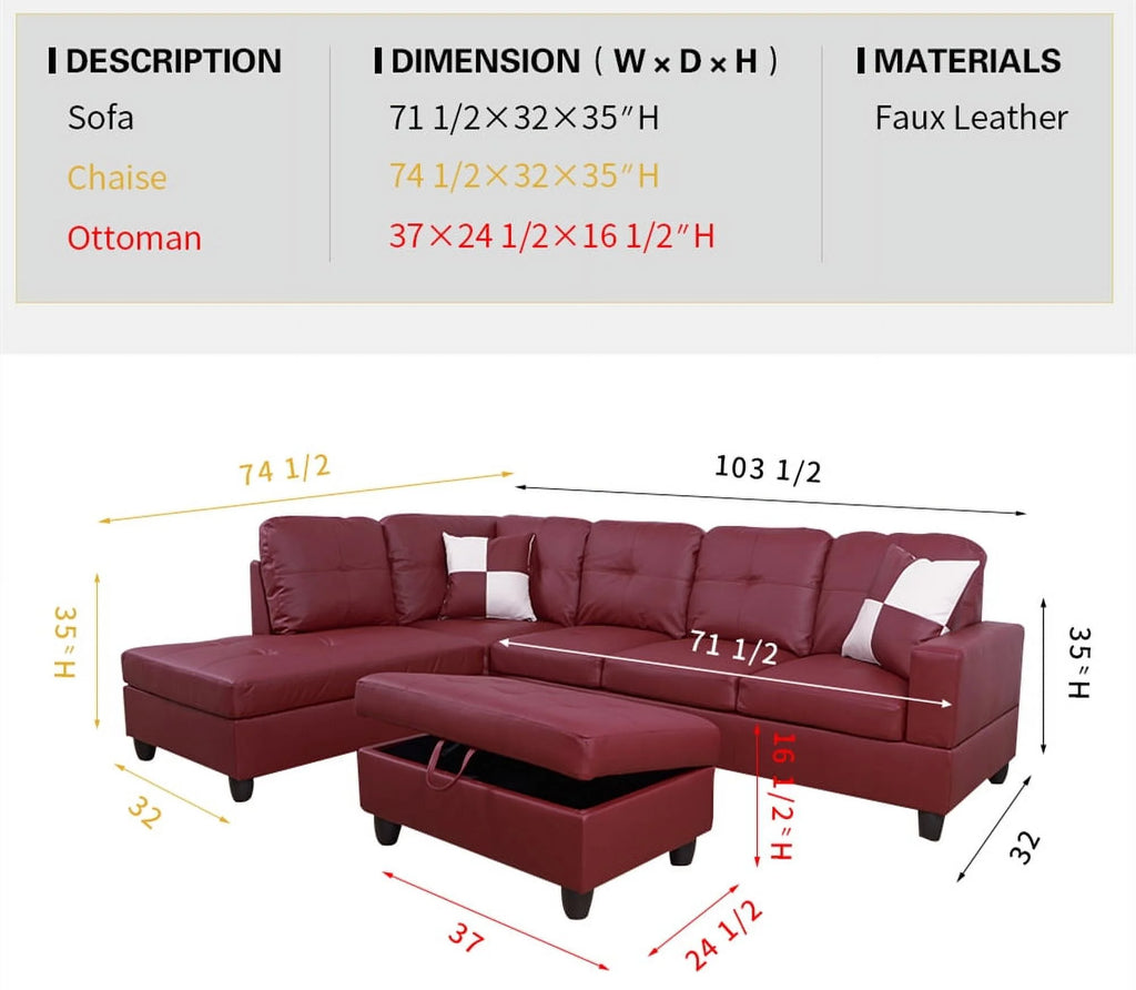 Red Faux Leather Sofa & Chaise with Ottoman G841