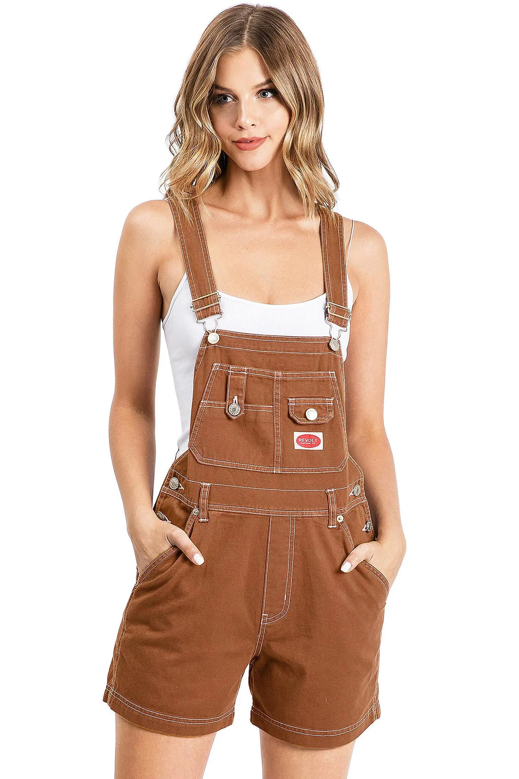 Rust White Stitch Twill Short Overalls P341