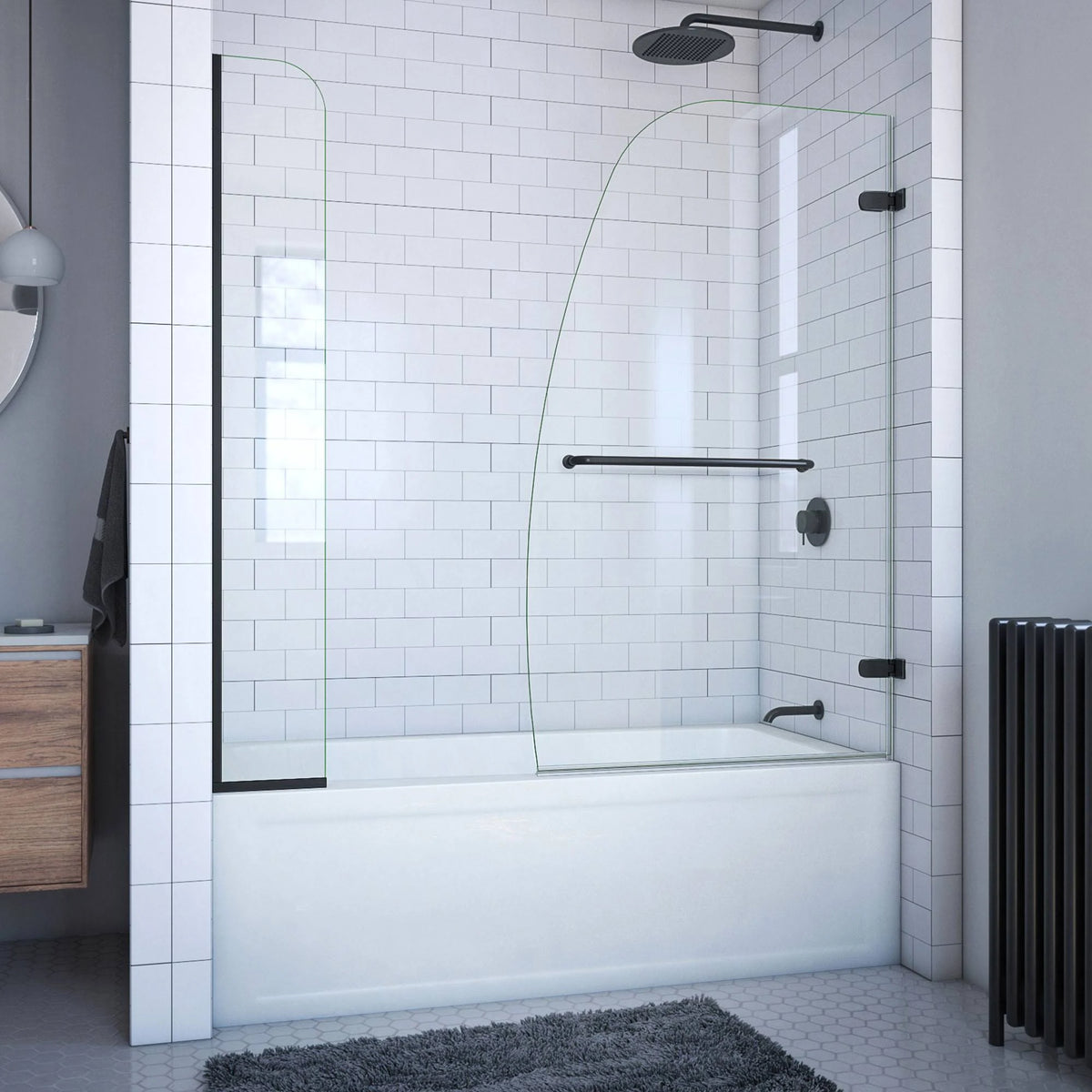 Satin Black Frameless Hinged Tub Door with Extender Panel Y3779