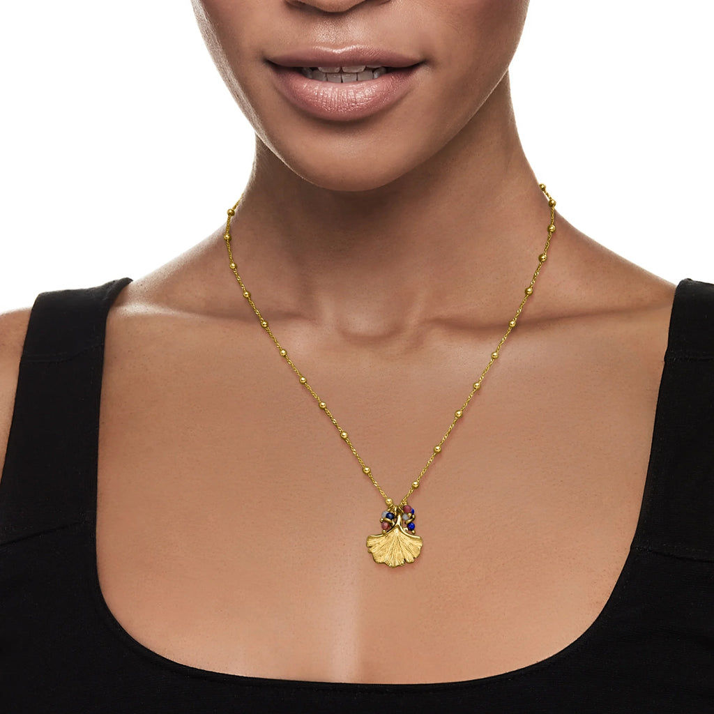 Multi-Gemstone Bead Ginkgo Leaf Necklace in 24kt Gold Over Sterling R6334