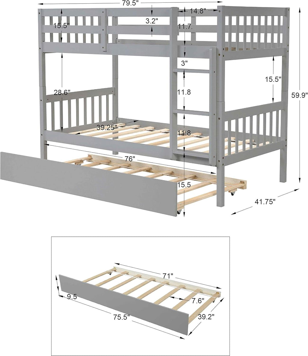 Twin Over Twin Solid Wood Bunk Beds with Trundle and Safety Rail and Ladder J646613