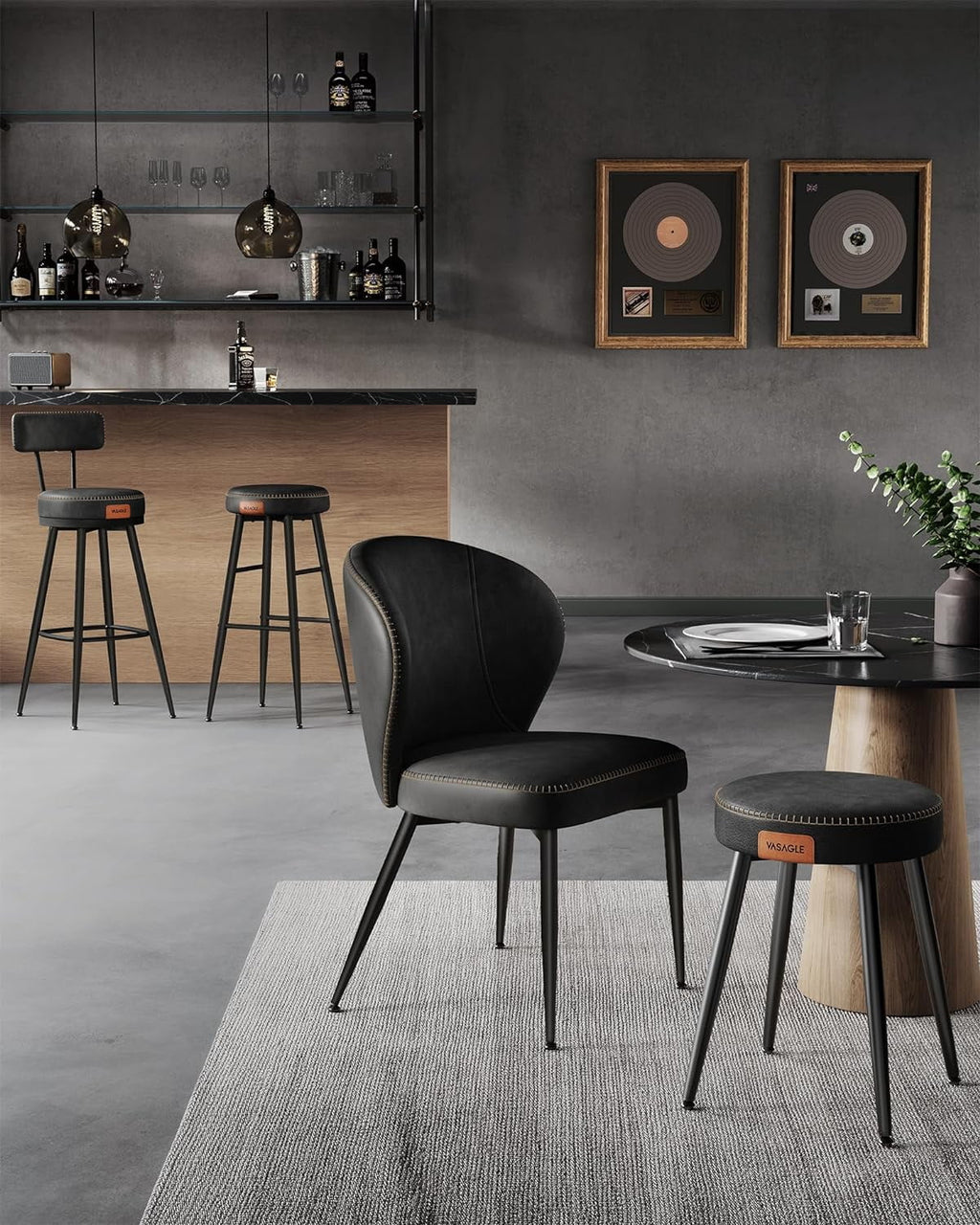 Set of 2 Upholstered Synthetic Leather Dining Stools, Ink Black L4023