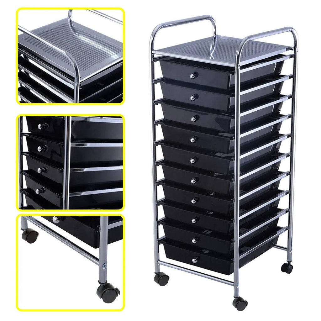 10 Drawer Rolling Storage Cart Organizer Black D4744