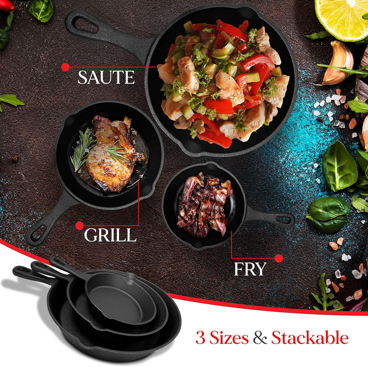 3 Pieces Nonstick Cast Iron Skillet Cookware Set S737844