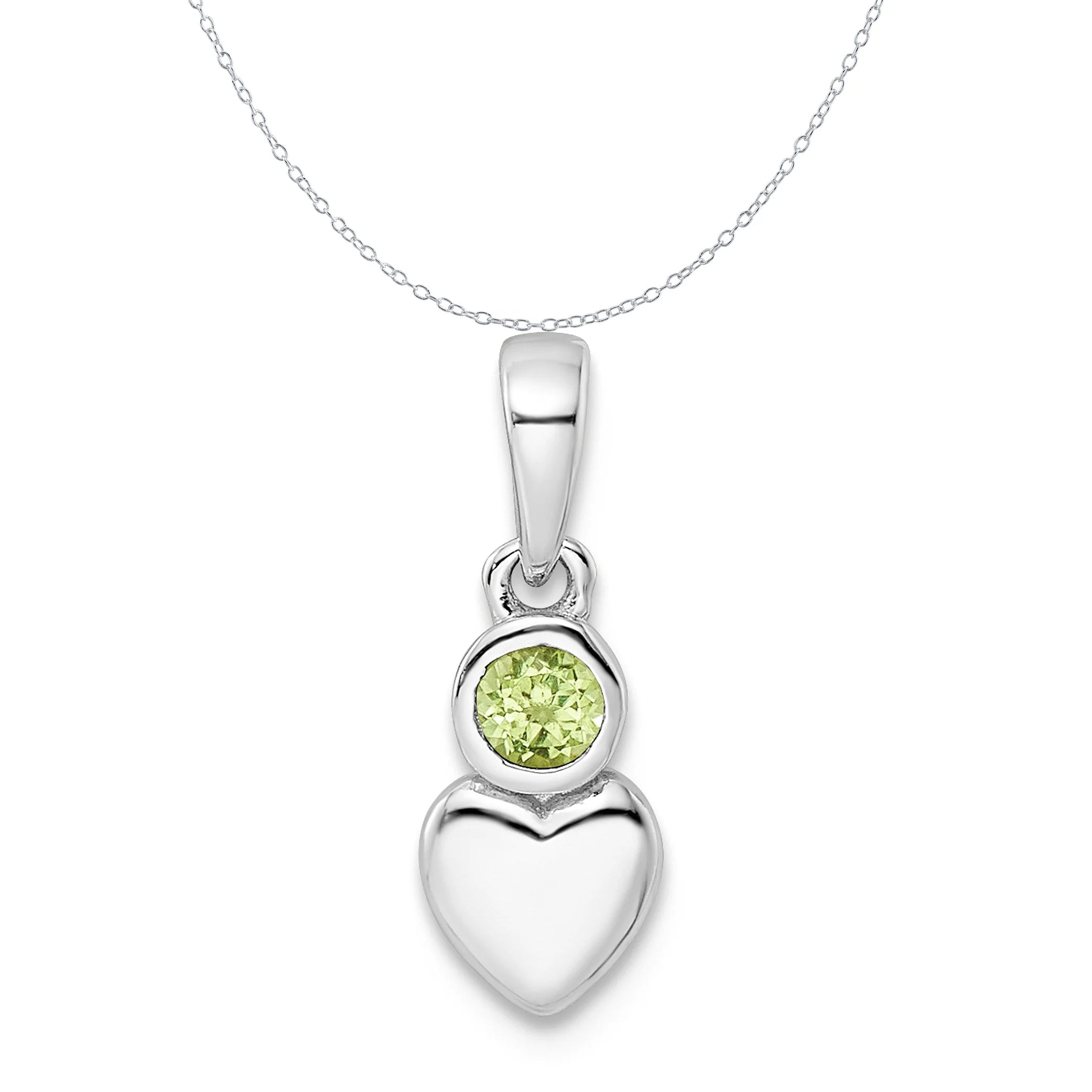 Sterling Silver Rhodium-Plated Peridot Heart Charm Pendant with Cable Chain Necklace 18'' O648