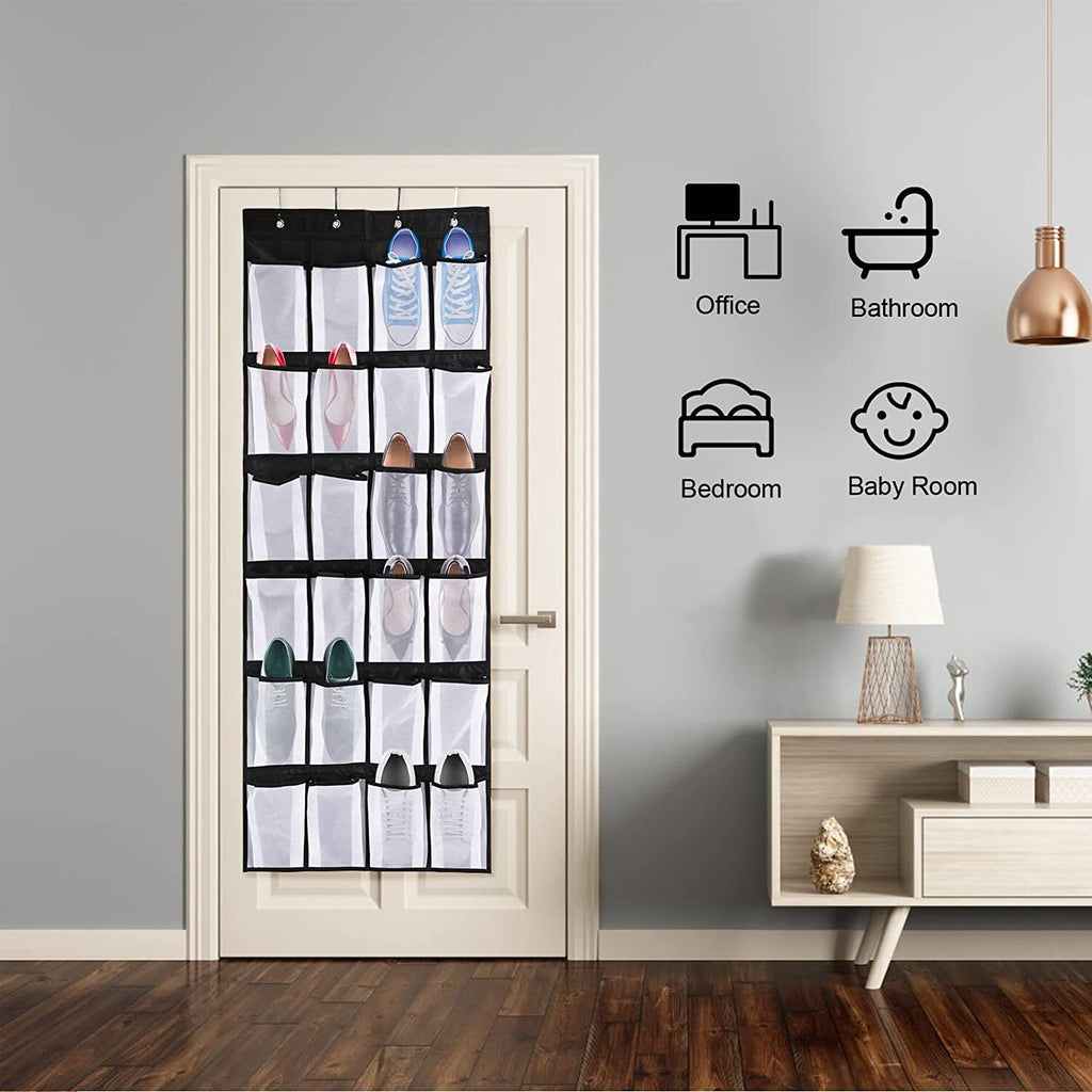 Black Over the Door Shoe Storage Organizer with 24 Mesh Pockets L325043