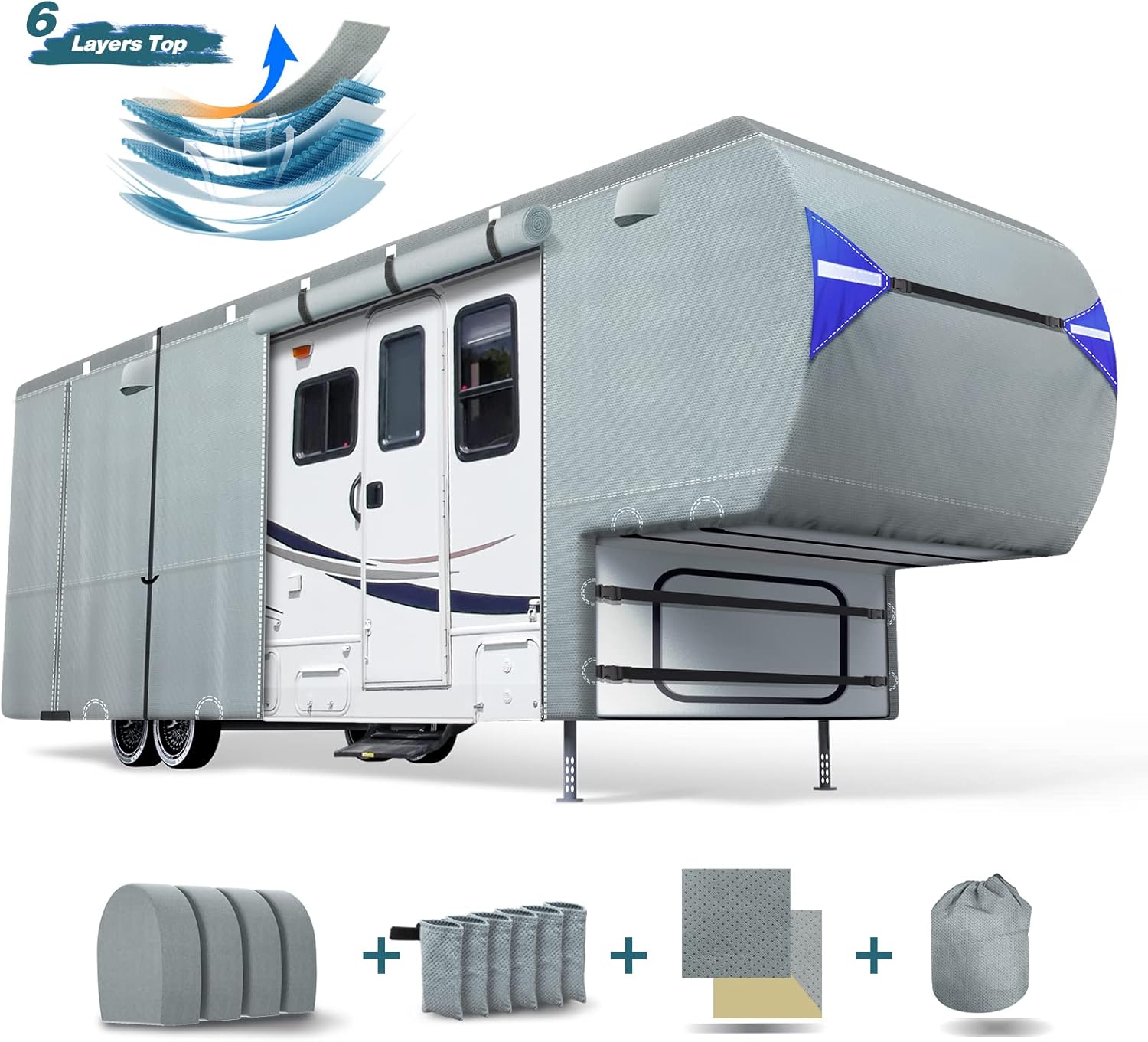 5th Wheel Travel Trailer Cover, 6 Layers Top RV Cover for 33’-37’ RV, Waterproof with 4 Tire Covers & 6 Gutter Covers J4426