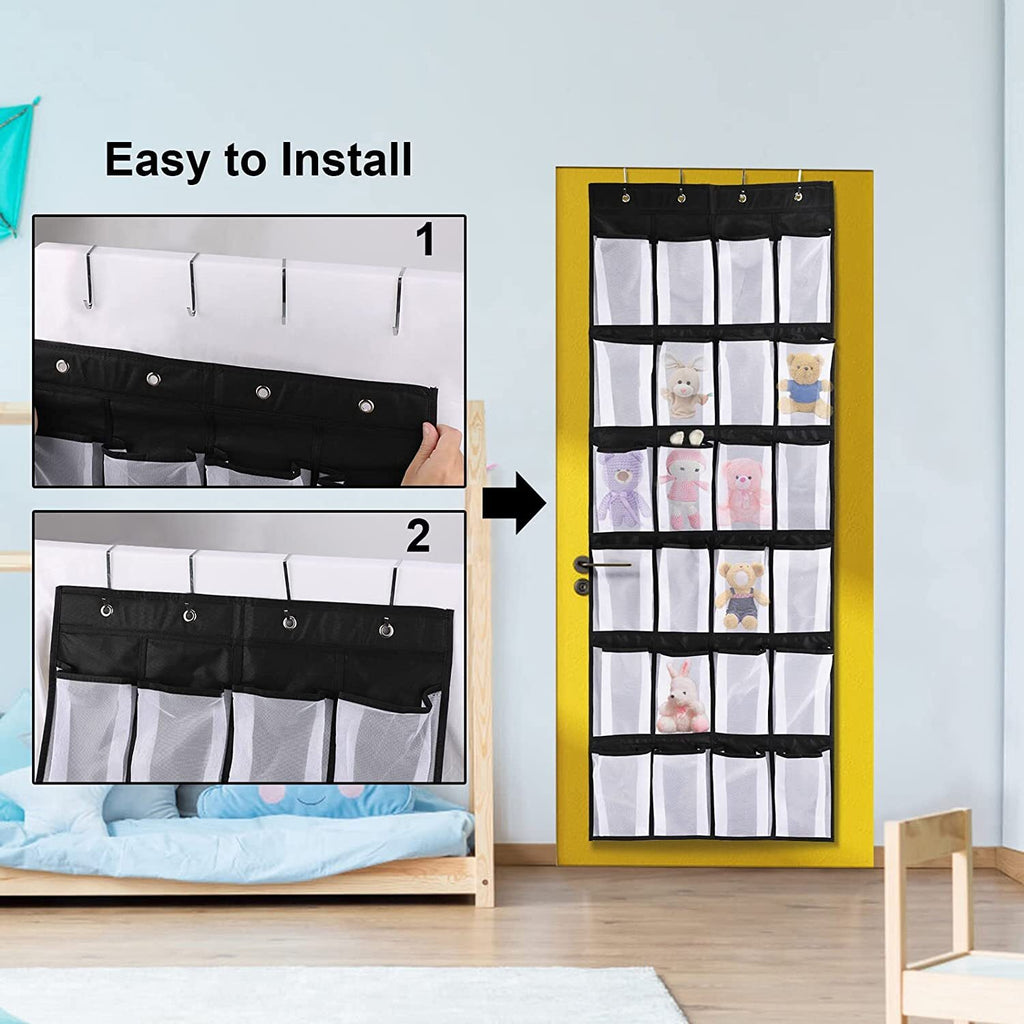 Black Over the Door Shoe Storage Organizer with 24 Mesh Pockets L325043