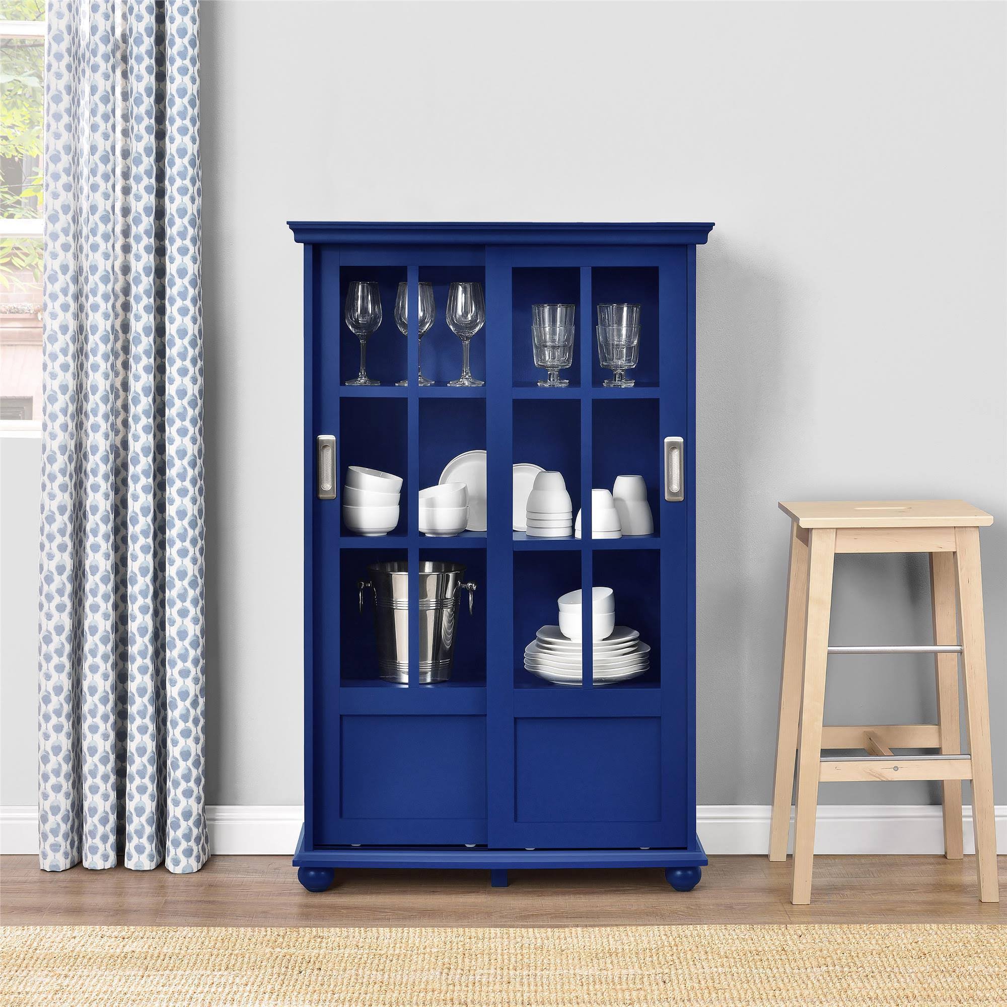 Blue Bookcase with Sliding Glass Doors W395
