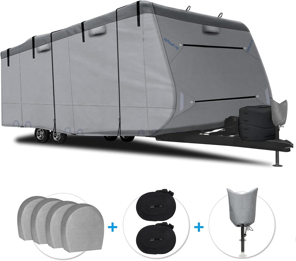 Heavy Duty RV Cover with 4 Tire Covers, Tongue Jack Cover, 2 Extra Straps, Gutter Cover V919