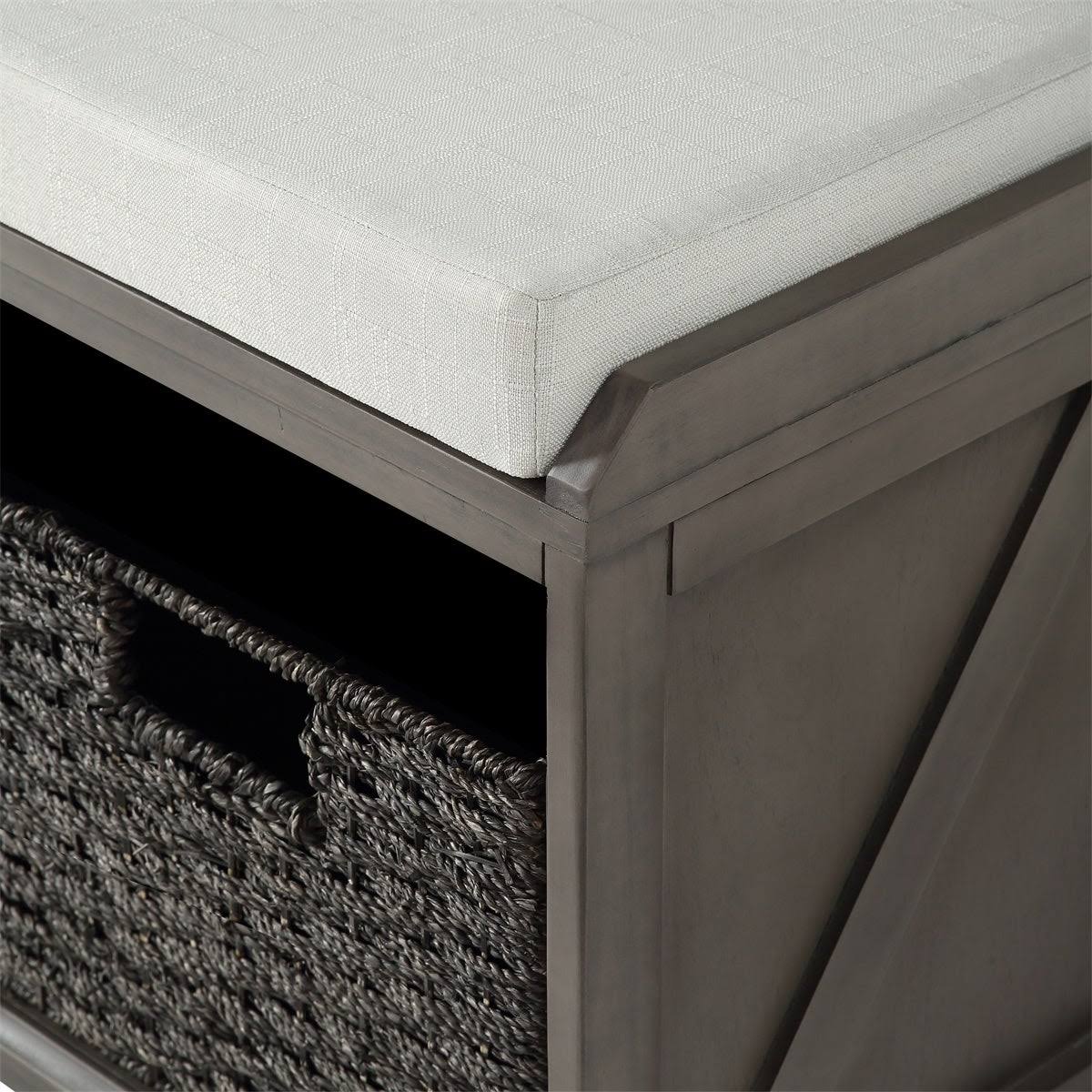White Wood Storage Bench with 2 Woven Baskets M606377