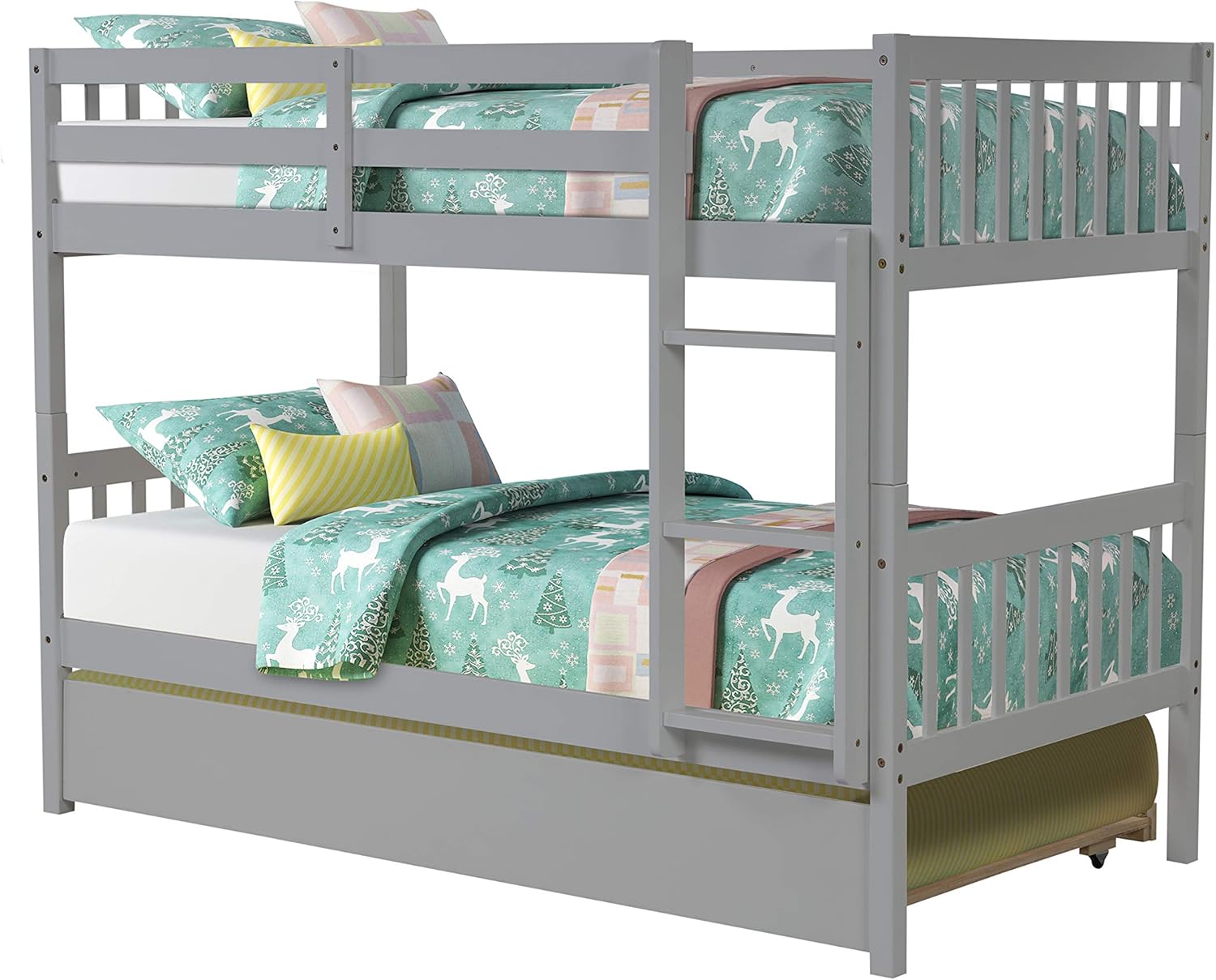 Twin Over Twin Solid Wood Bunk Beds with Trundle and Safety Rail and Ladder J646613