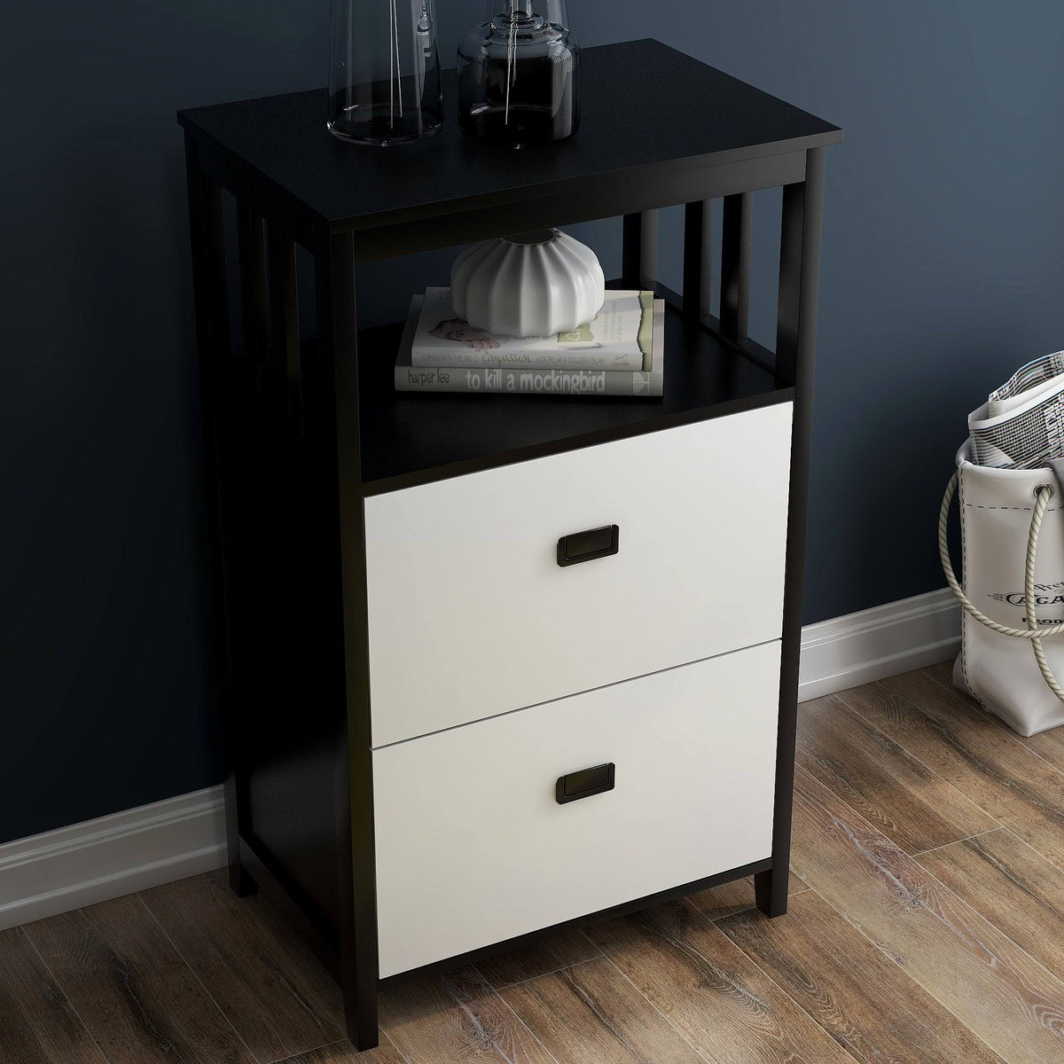 Black 2 Drawers Lateral File Cabinet with Open Compartment H682