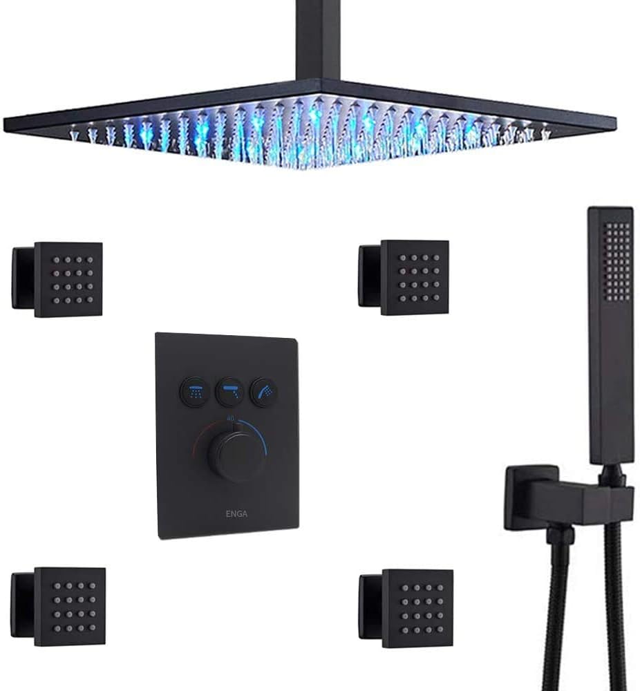 Matte Black Thermostatic Brass Shower Faucet Combo Set Y714196