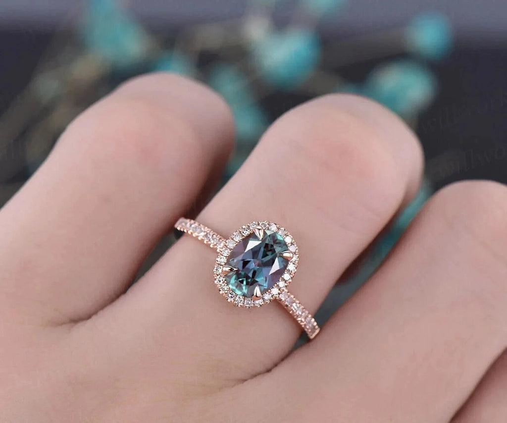 Oval Alexandrite Ring 14k Rose Gold Halo Ring T656737