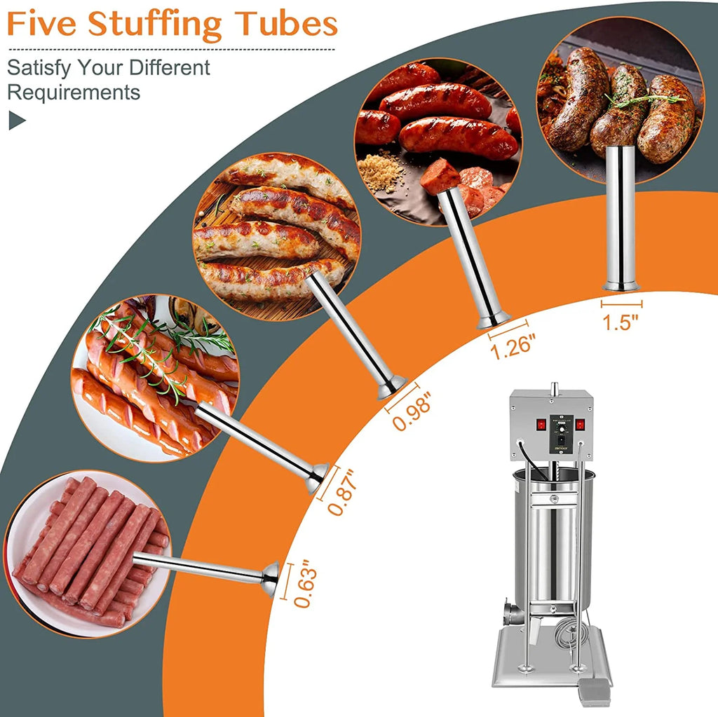 15.4LBS/10L Electric Stainless Steel Sausage Stuffer with 5 Stuffing Tubes O785194