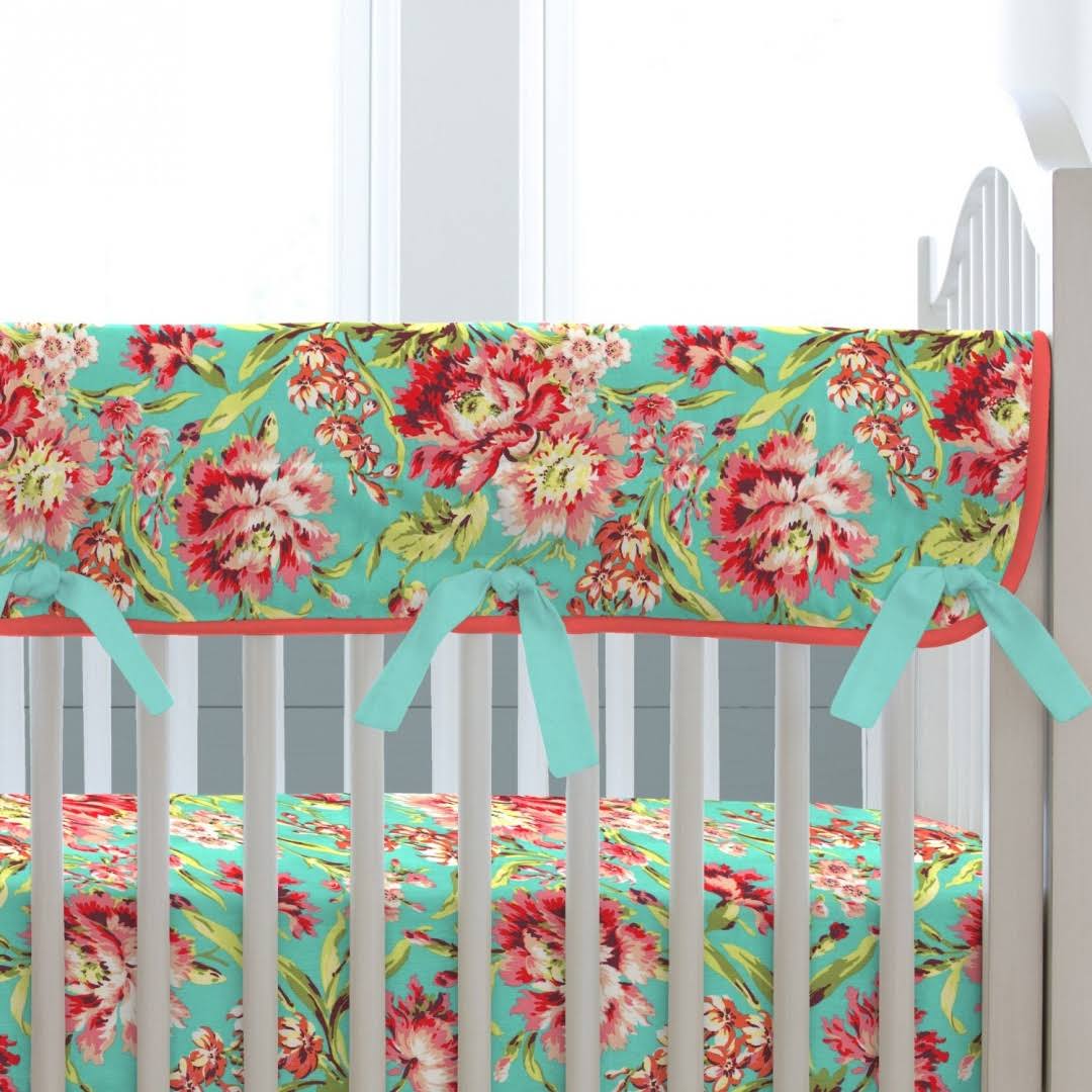 Coral and Teal Floral Crib Rail Cover B80424
