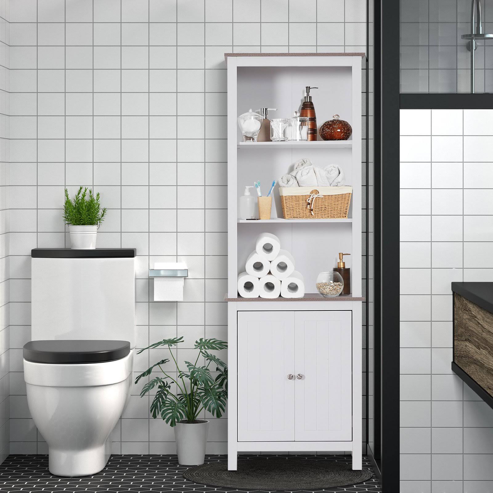 White Wood Free Standing Bathroom Linen Tower Storage Cabinet K954686