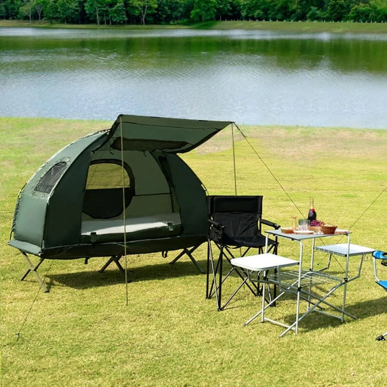 2-Person Foldable Camping Tent Cot with Air Mattress and Sleeping Bag O5020
