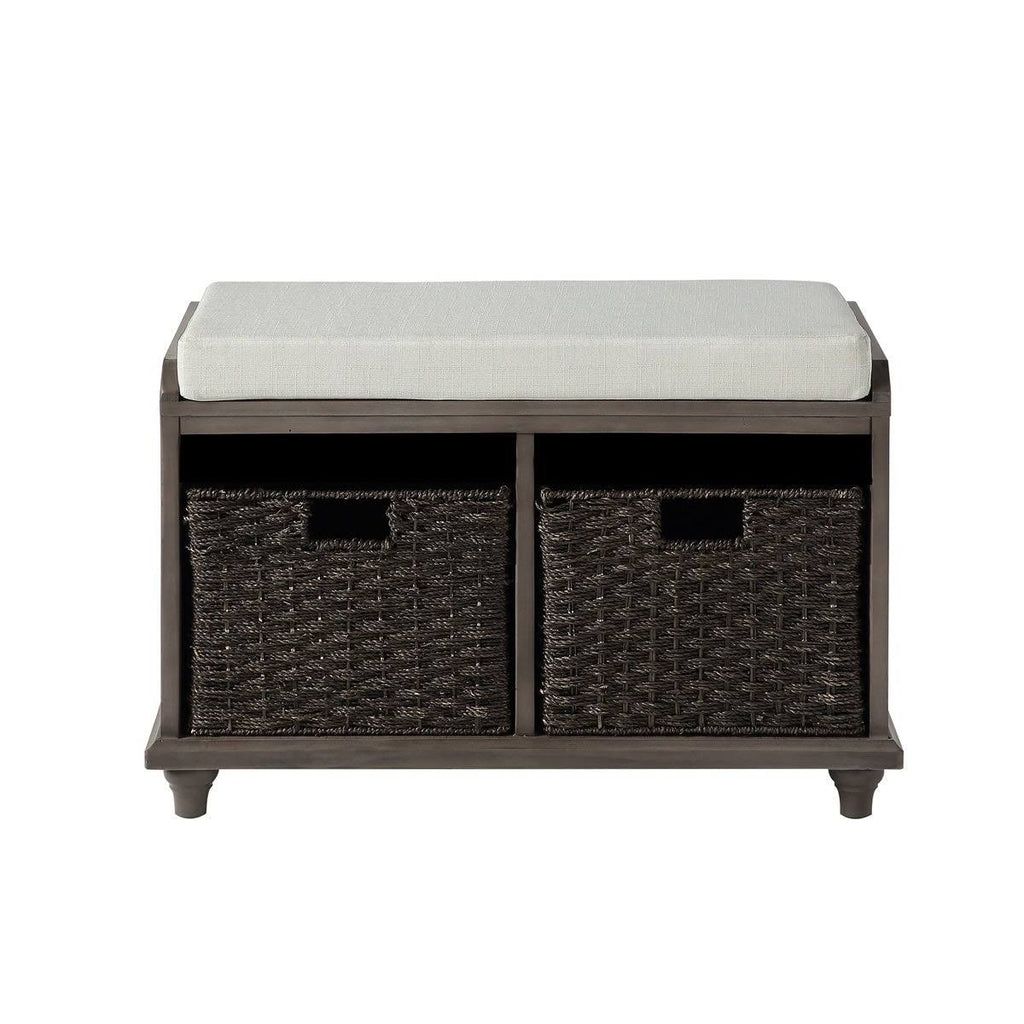 White Wood Storage Bench with 2 Woven Baskets M606377