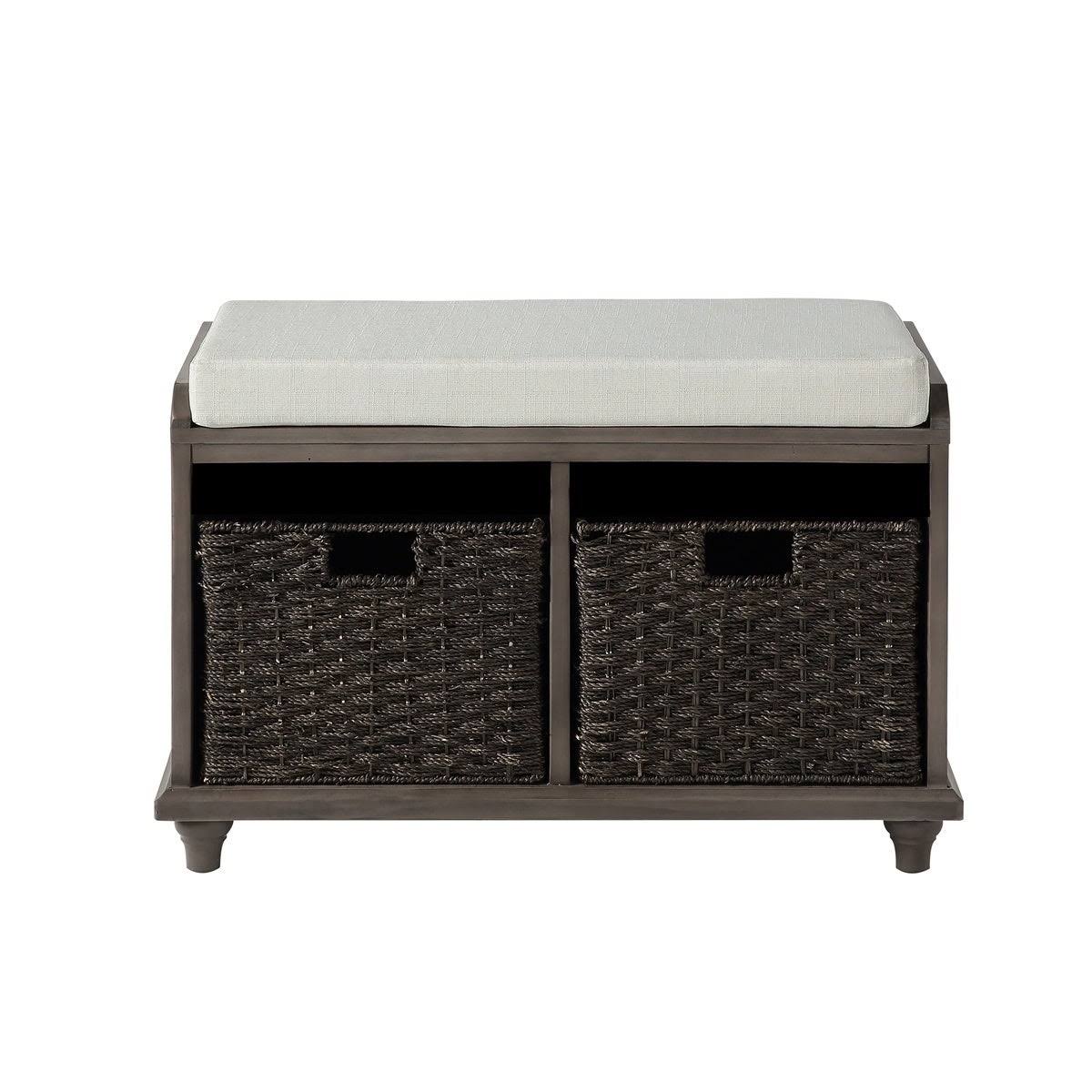 White Wood Storage Bench with 2 Woven Baskets M606377