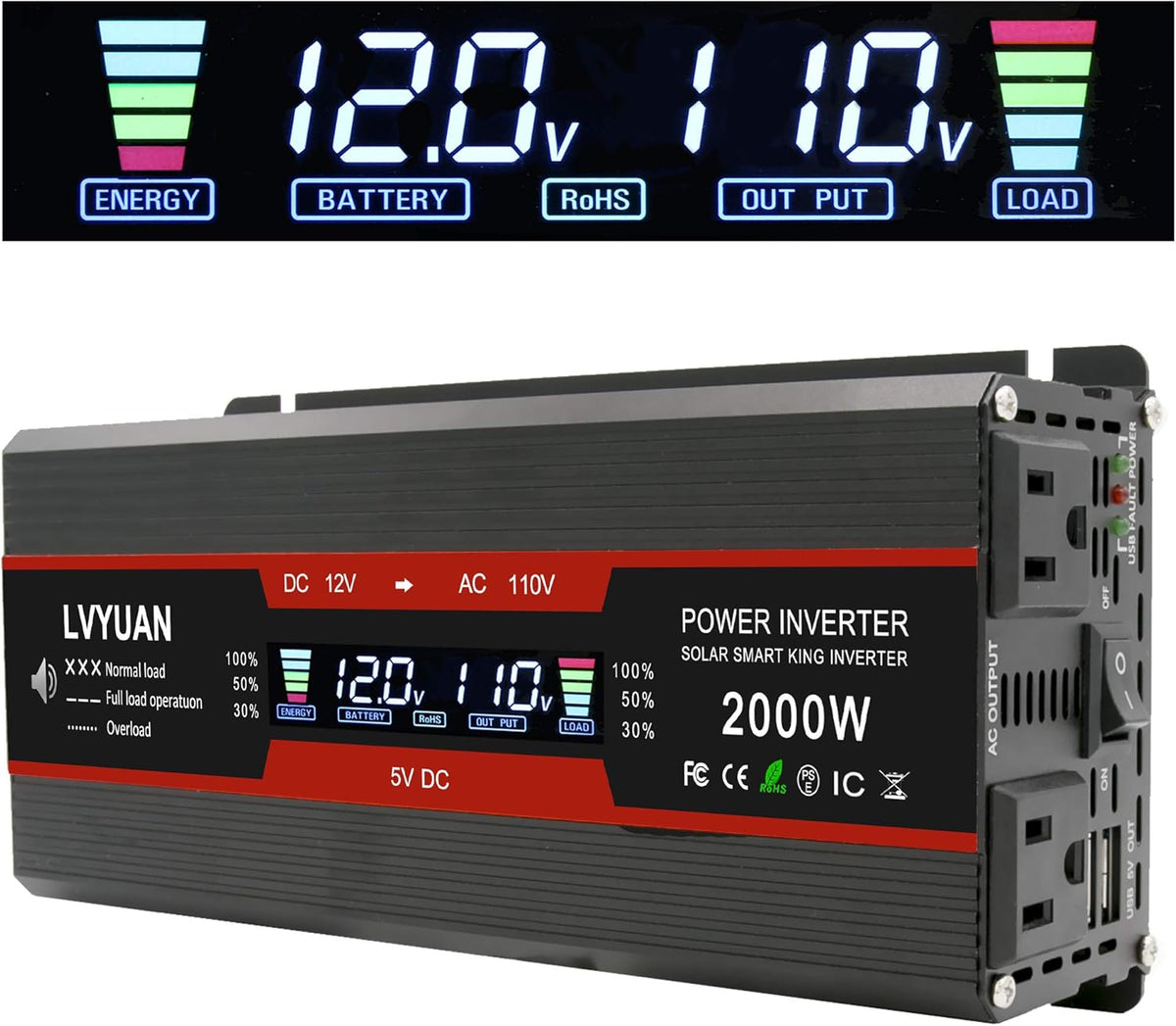 800W/2000W Peak Car Power Inverter DC 12V to 110V AC Converter with LCD Display Dual AC Outlets Dual USB Pack of 2 D201002