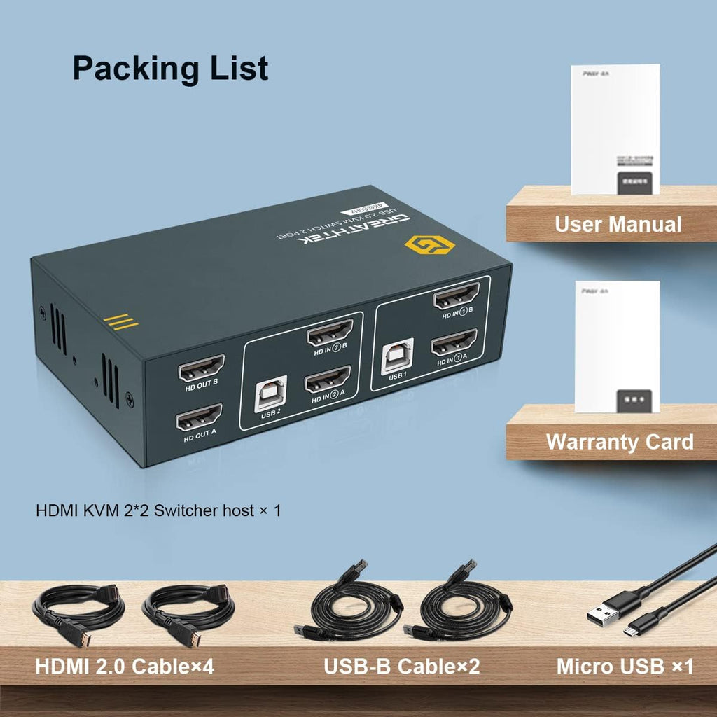 KVM Switch HDMI Dual Monitor 2 Port, 4K@60Hz, 4 USB 2.0 Hub, 4 HDMI Cables, 2 USB Cables G240918