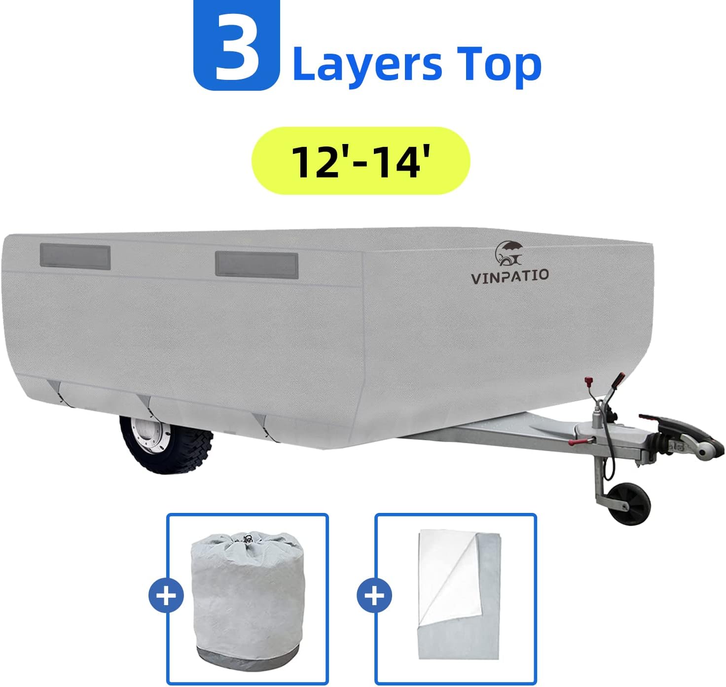 3 Layers Polypropylene Pop Up Camper Cover Fits 8' - 10' Trailers, Grey Y7174