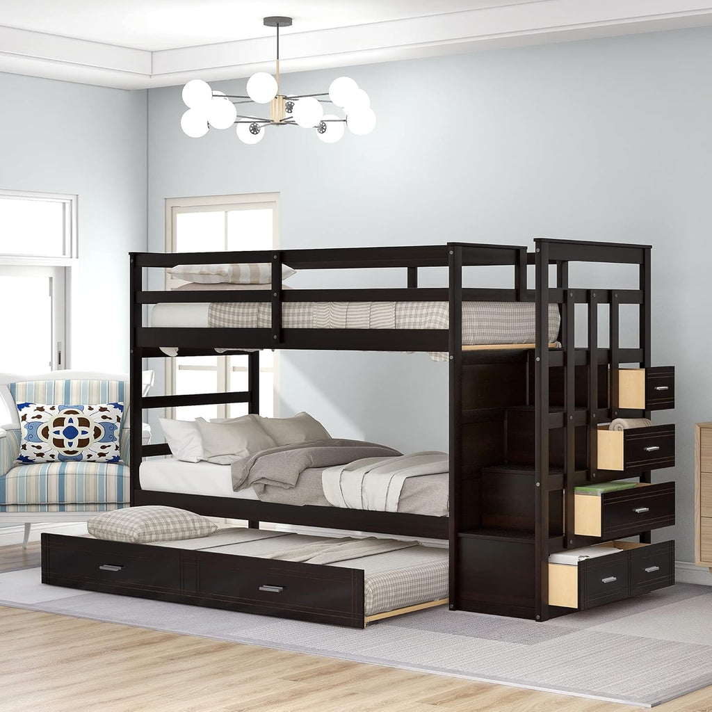 White Wood Twin Over Twin Bunk Bed with Trundle, Staircase, 4 Storage Drawers D47314