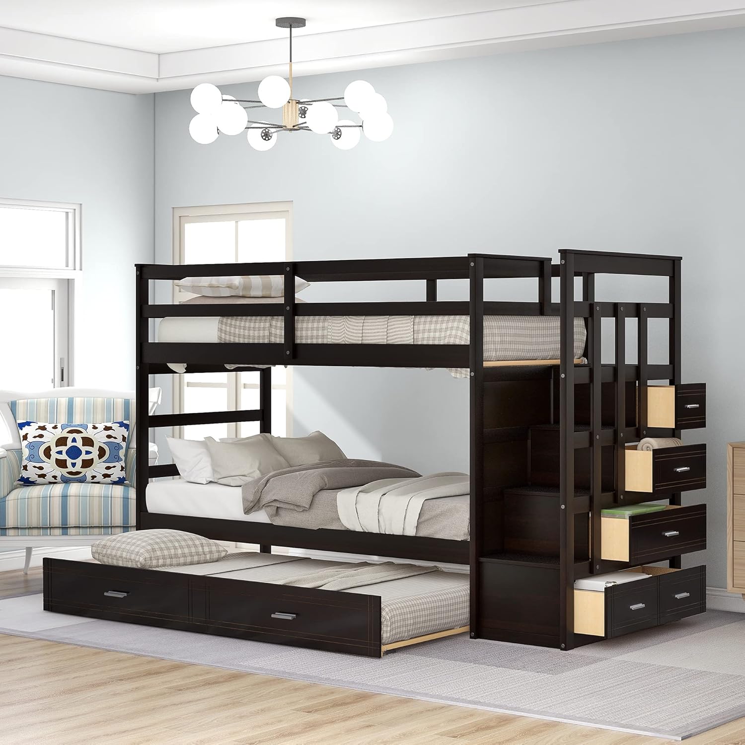 White Wood Twin Over Twin Bunk Bed with Trundle, Staircase, 4 Storage Drawers D47314