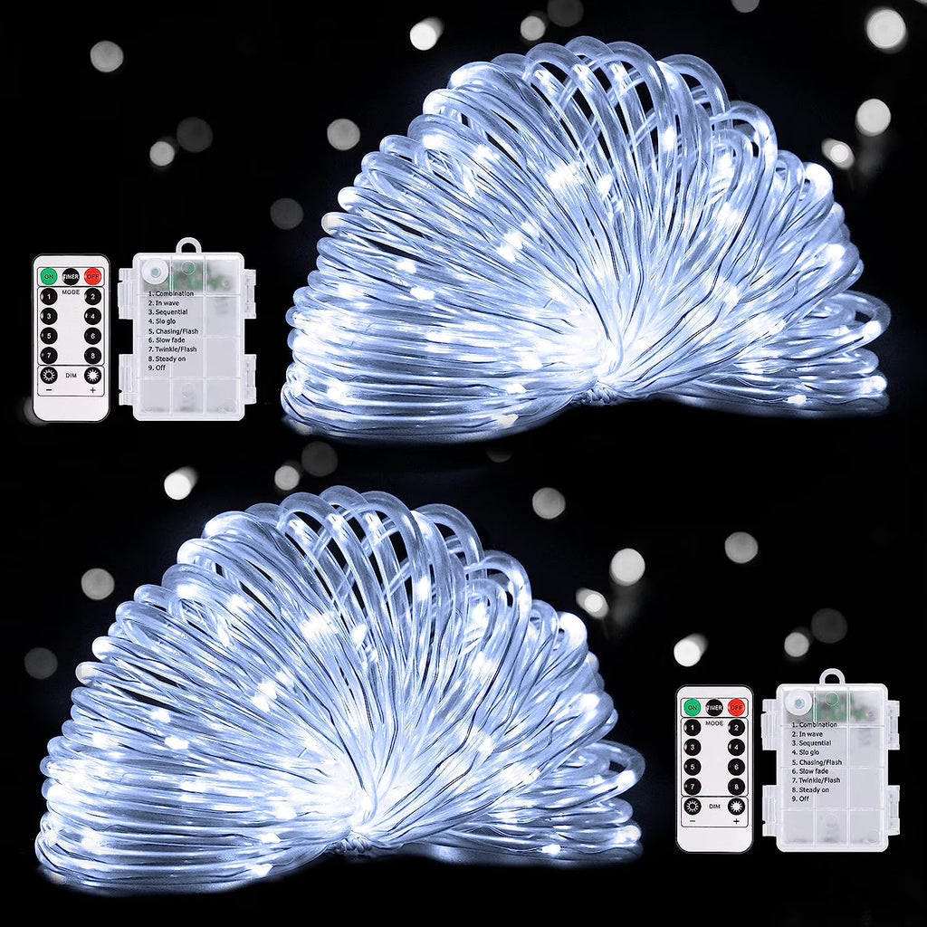 100 LED Battery Operated Rope Lights, 33Ft White String Lights (2 Pack) X7400