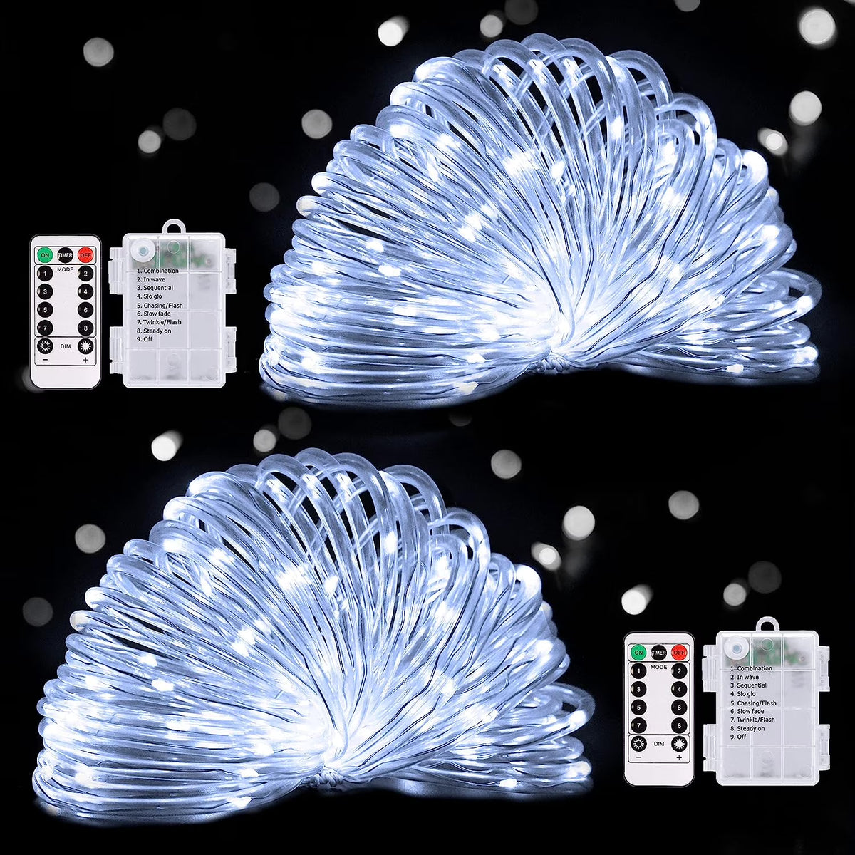 100 LED Battery Operated Rope Lights, 33Ft White String Lights (2 Pack) X7400