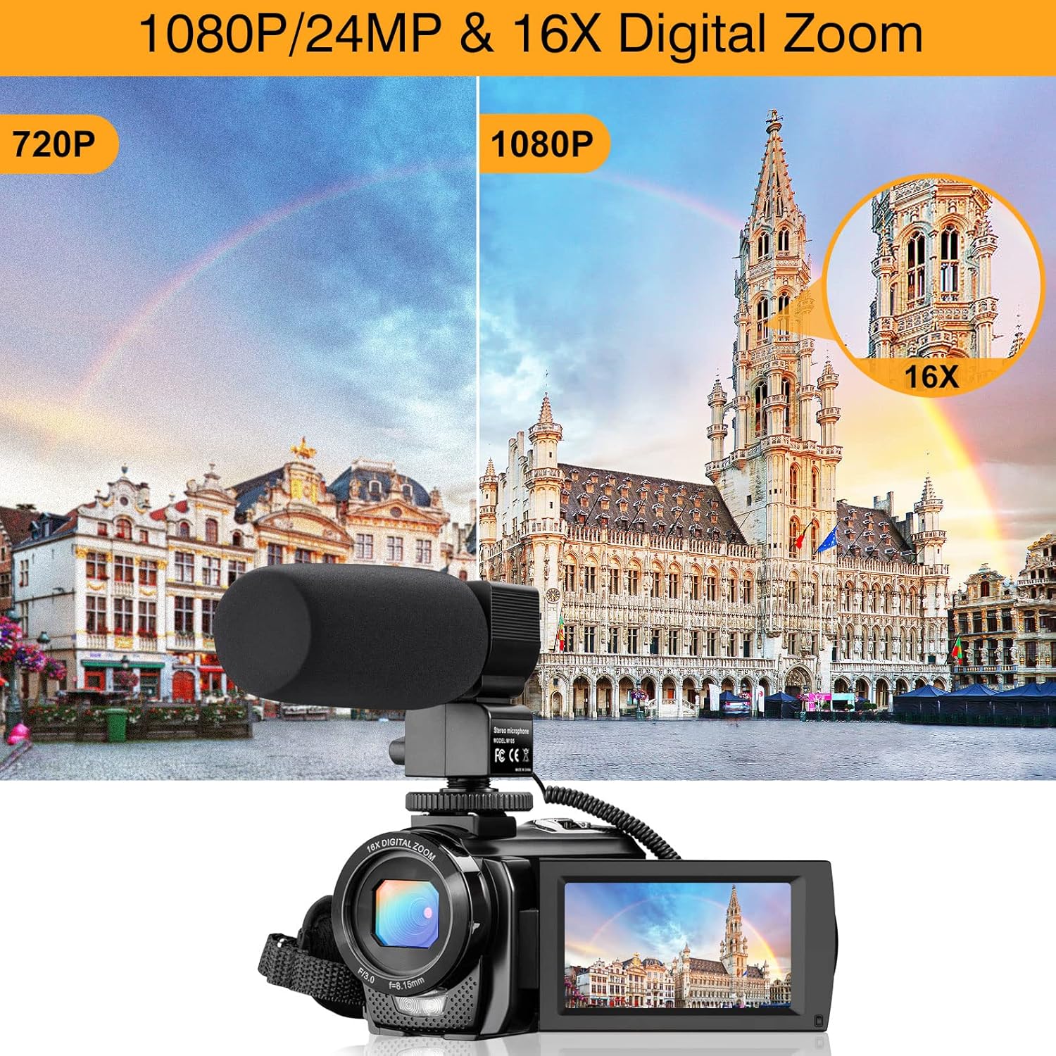FHD 1080P 30FPS 24MP 3.0 Inch 270° Rotation Screen Digital Vlogging Camera with Microphone, Remote Control, 2 Batteries D350
