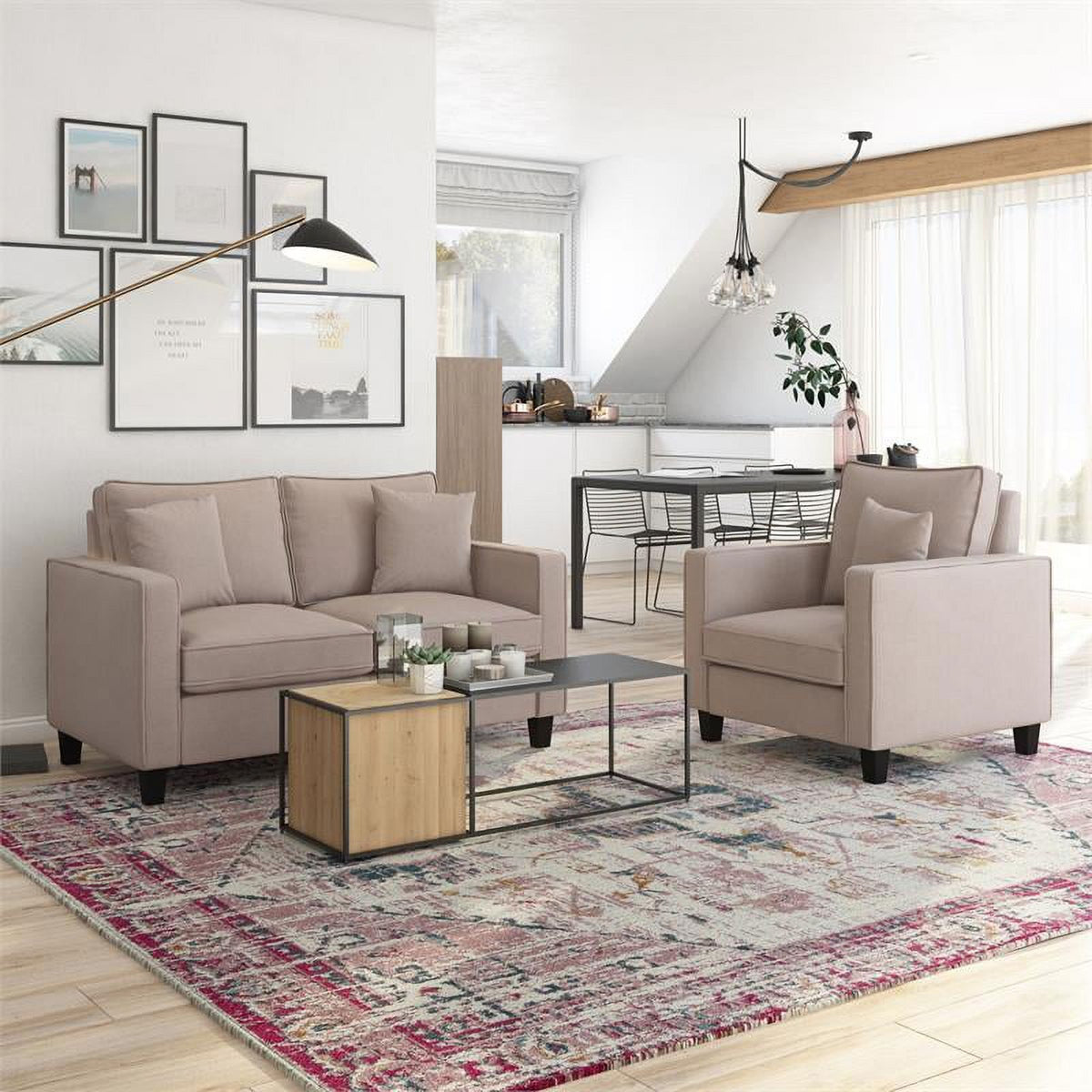 Beige Fabric Loveseat Sofa and Accent Chair Set - 2pcs D72453
