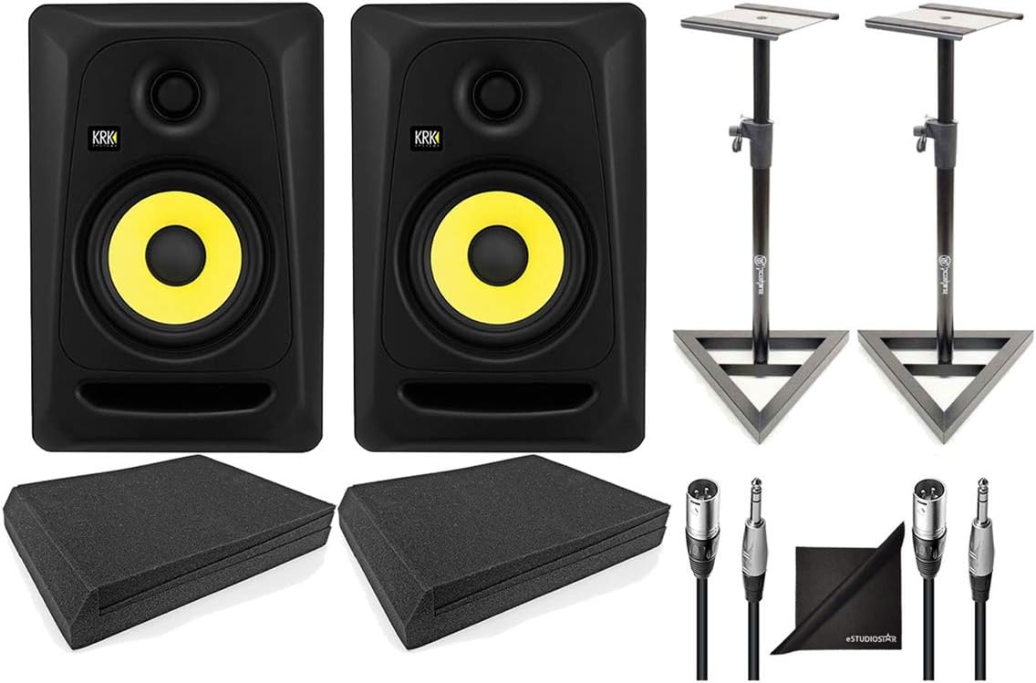 5 Professional Powered Studio Monitor with Speaker Stands, Isolation Foam Pads, Audio Cables and Polishing Cloth Z302242