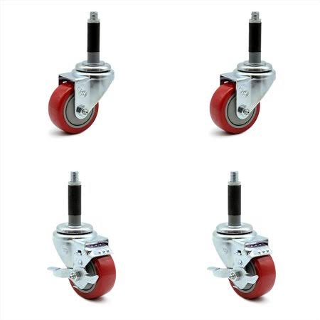 3 inch Red Polyurethane Swivel Expanding Stem Caster Set 2 Brake N166544