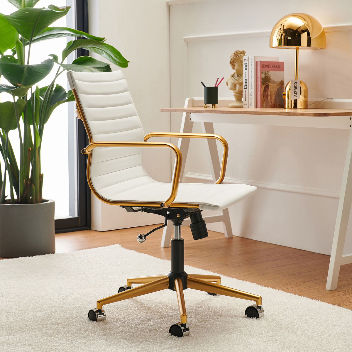 White Leather Adjustable Swivel Office Chair Y9398