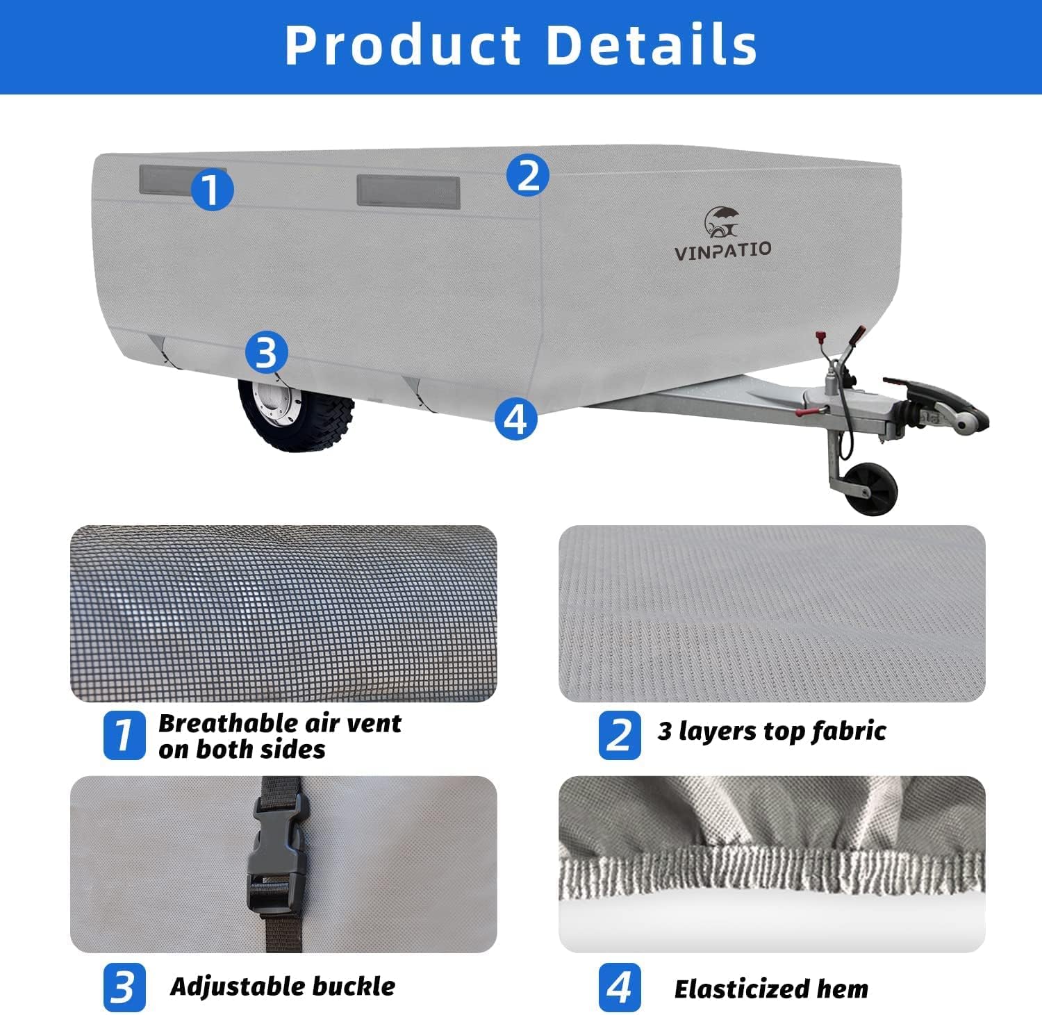 3 Layers Polypropylene Pop Up Camper Cover Fits 8' - 10' Trailers, Grey Y7174