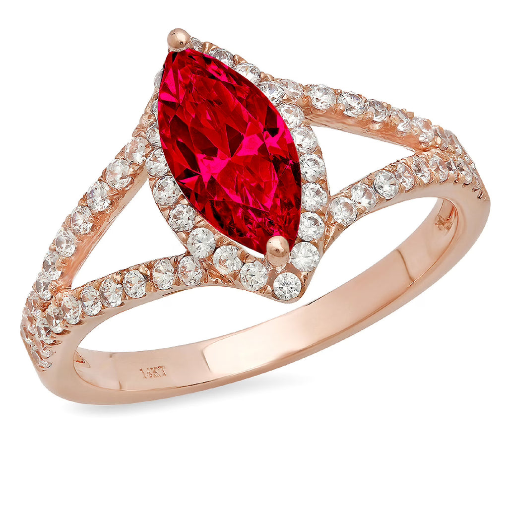 Marquise Cut Red Simulated Ruby 18k Pink Rose Gold Halo Ring J38866