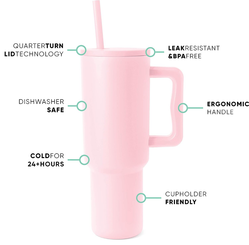 Pink 40oz Insulated Stainless Steel Tumbler with Handle and Straw Lid U434472