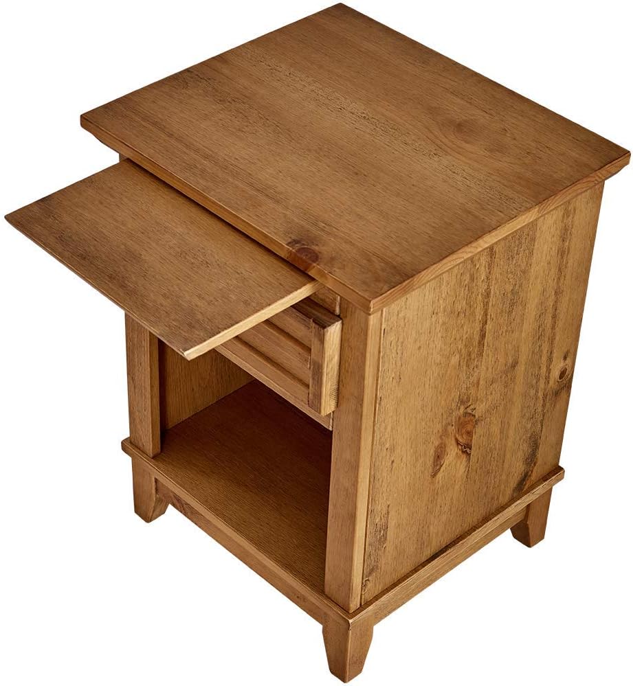 Teak Finish Wood Nightstand with Drawer and Pull-Out Tray V286463