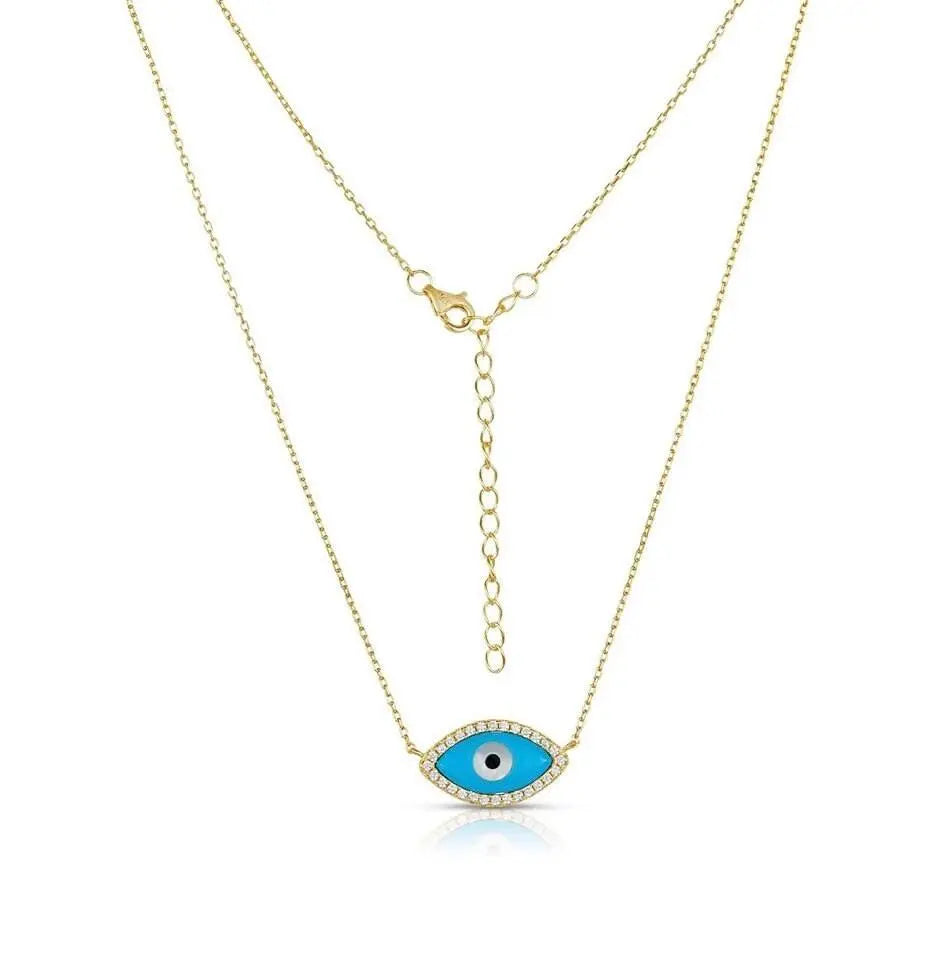 925 Sterling Silver Enameled Turquoise Evil Eye Pendant Necklace Choker R258
