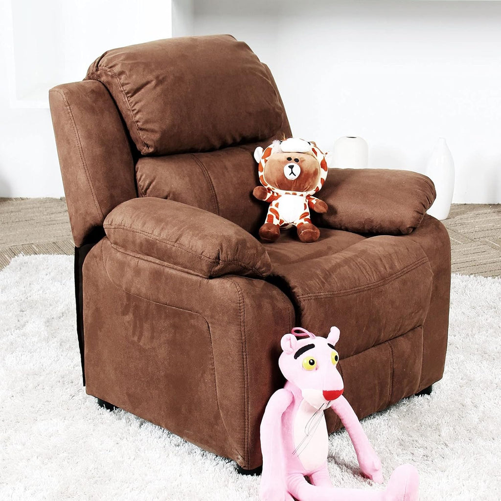 Light Brown Padded Leather Recliner with Storage Arms I428